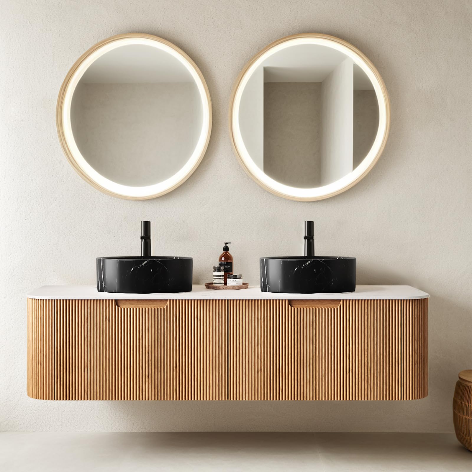 24-Inch Modern Bathroom Vanity with Sink, Floating Cabinet with Ultra-Thin Ceramic Basin and Marble Top, Extra Large Storage Drawer, Soft-Close Design, Nature Wood