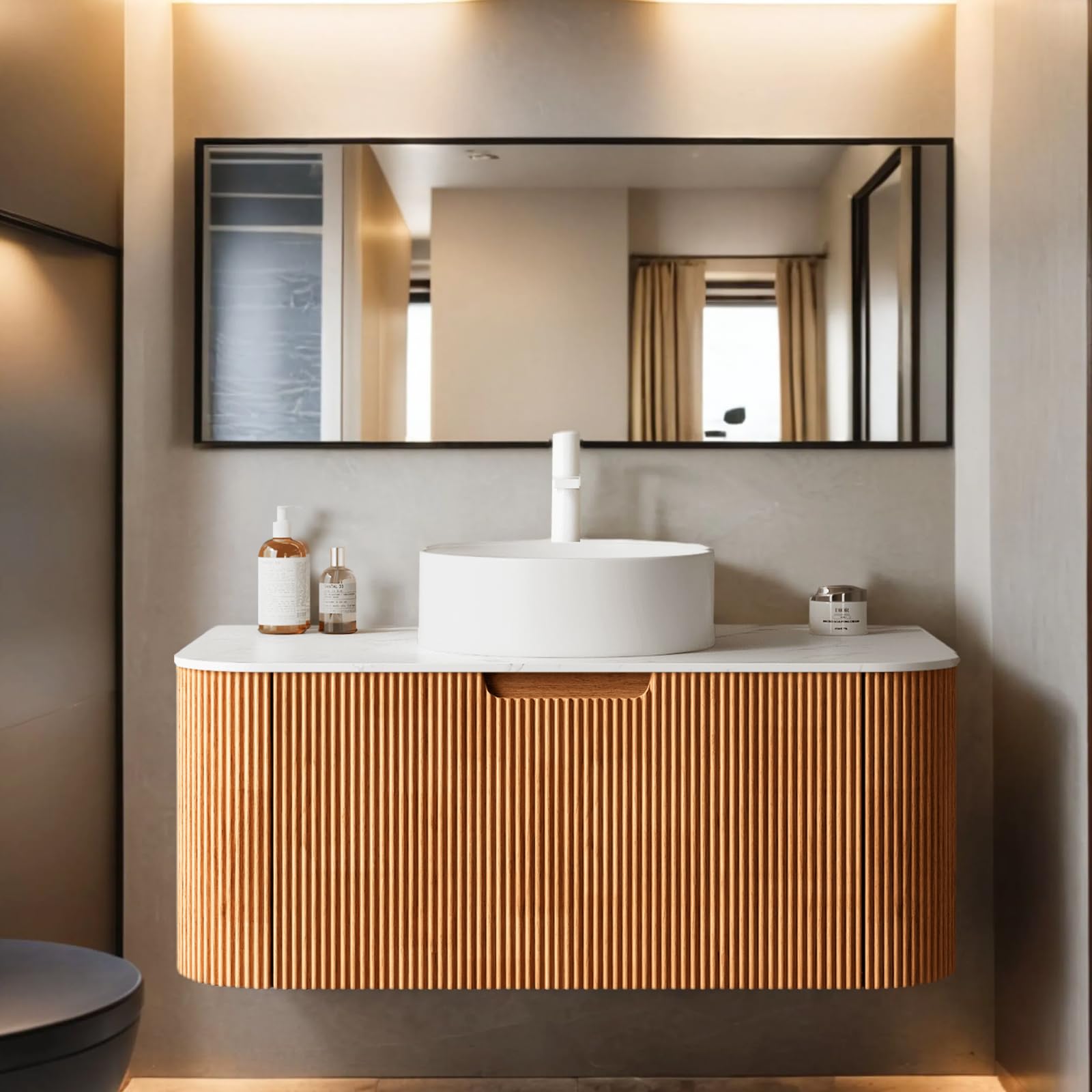 24-Inch Modern Bathroom Vanity with Sink, Floating Cabinet with Ultra-Thin Ceramic Basin and Marble Top, Extra Large Storage Drawer, Soft-Close Design, Nature Wood