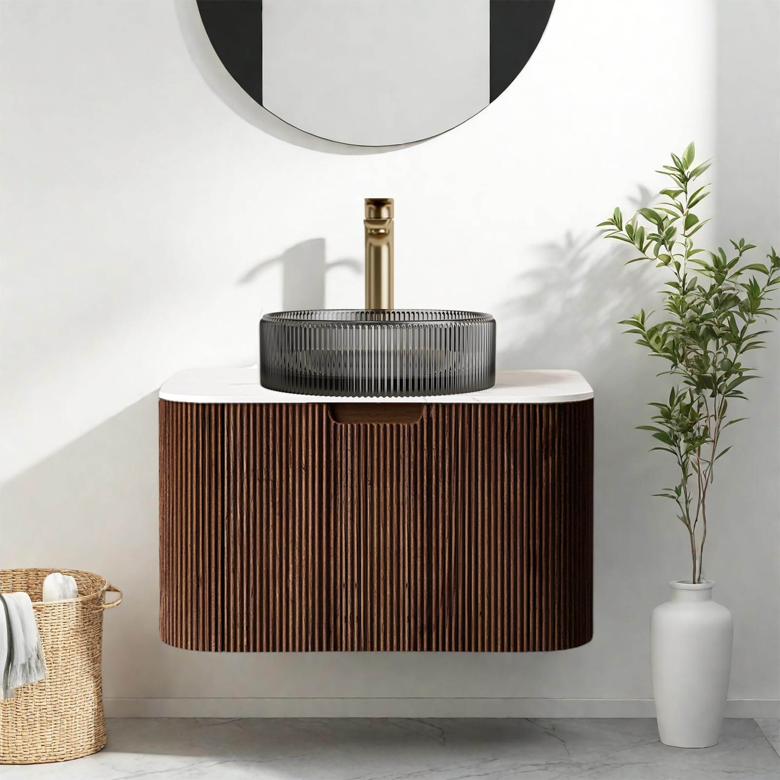 24-Inch Modern Bathroom Vanity with Sink, Floating Cabinet with Ultra-Thin Ceramic Basin and Marble Top, Extra Large Storage Drawer, Soft-Close Design, Nature Wood