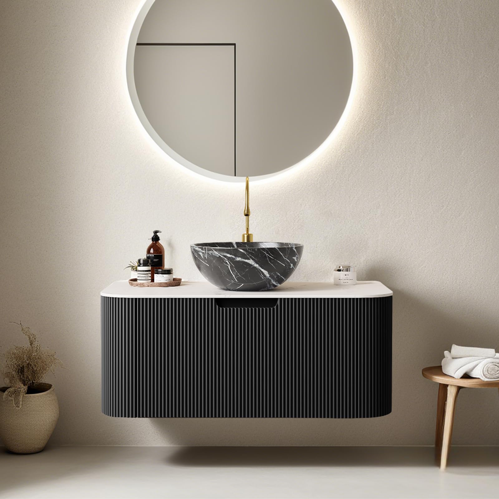 24-Inch Modern Bathroom Vanity with Sink, Floating Cabinet with Ultra-Thin Ceramic Basin and Marble Top, Extra Large Storage Drawer, Soft-Close Design, Nature Wood