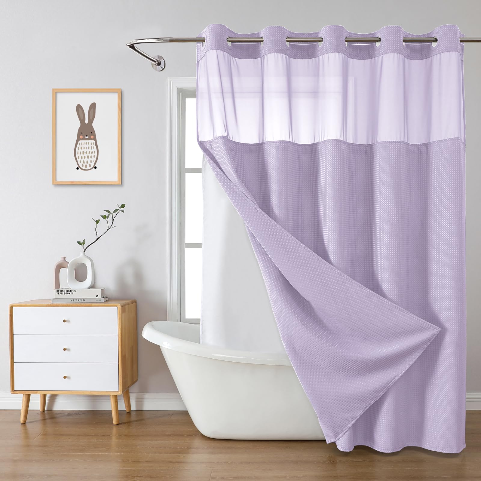 eachope BurntOrange Extra Long No Hook Waffle Weave Shower Curtain with snap-in Liner Replacement, 230GSM Waterproof Fabric Hotel Shower Curtain Set for Bathroom, Through Mesh Top Window,71Wx86H