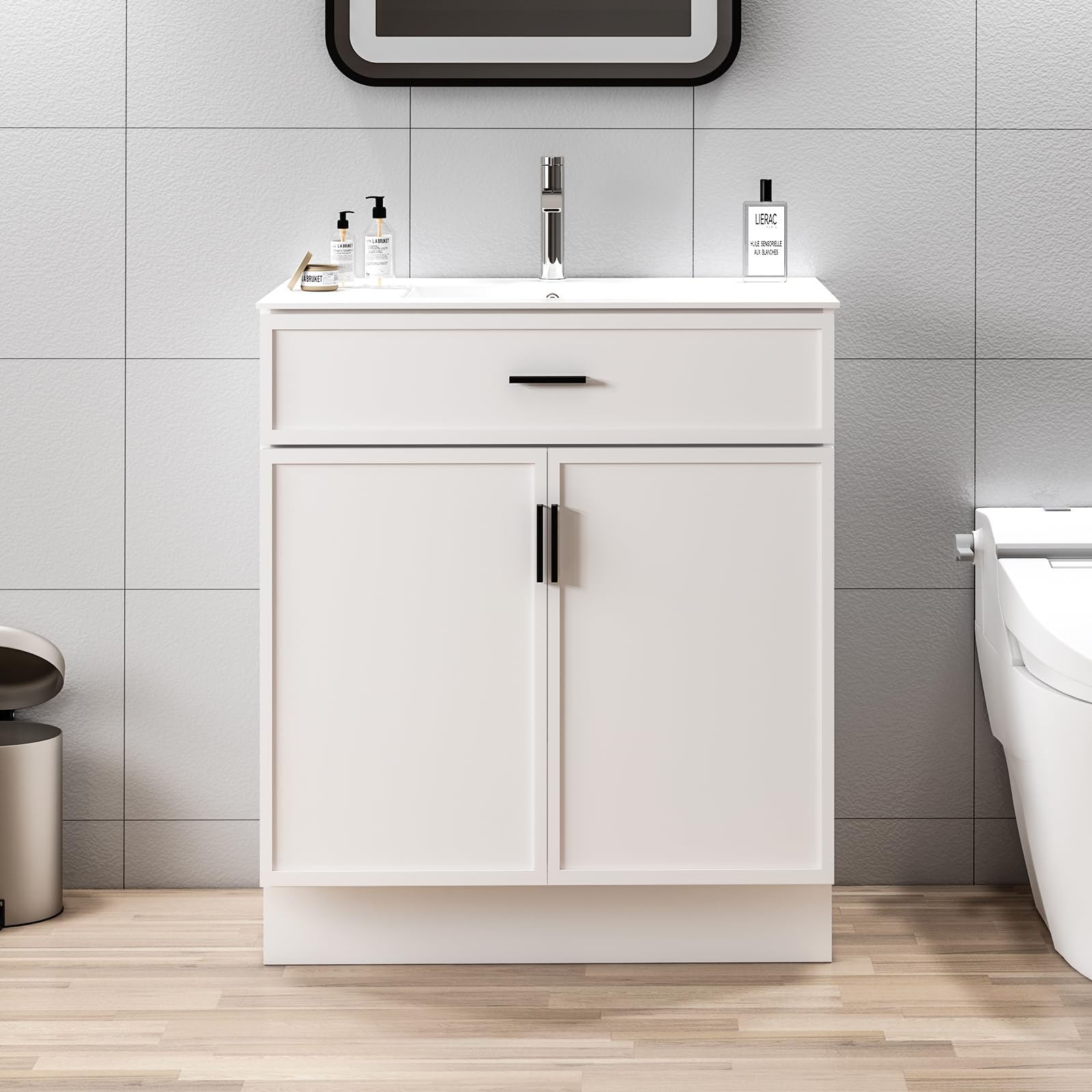 36 Inch Modern Bathroom Vanity with Sink, Natural wood color Freestanding Vanity for Floor Standing Storage and White Ceramic Basin (36")