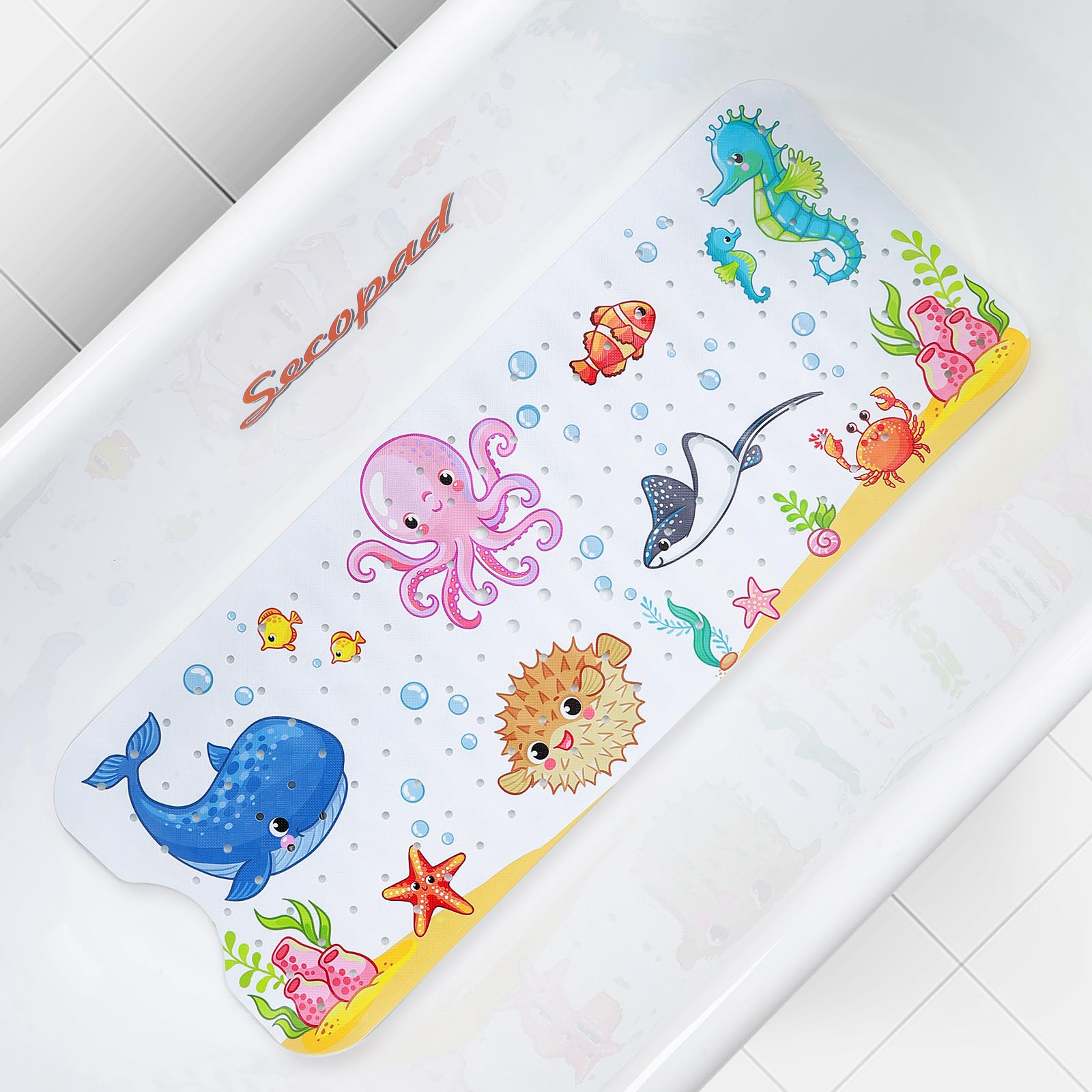Secopad Bath Mat for Tub Non Slip, Machine Washable Anti-Slip Cartoon Baby Bathtub Shower Mat with Drain Holes and Suction Cups for Toddler & Kids (40 Inch x 16 Inch-Rectangular, Turtles)