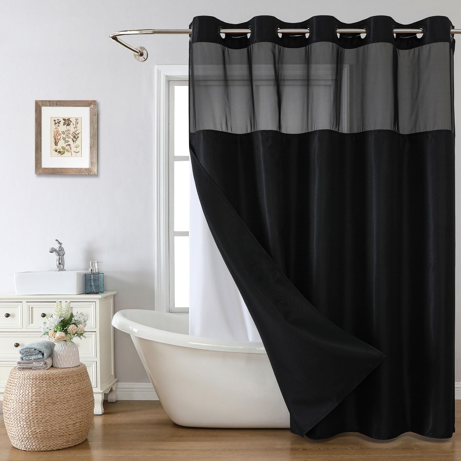 eachope Stall No Hook Shower Curtain with Snap-in Fabric Liner Set,Waffle Weave Shower Curtains for Bathroom,Hotel Luxury Decor Bathroom Curtain Set,Waterproof & Washable,White,54Wx80H