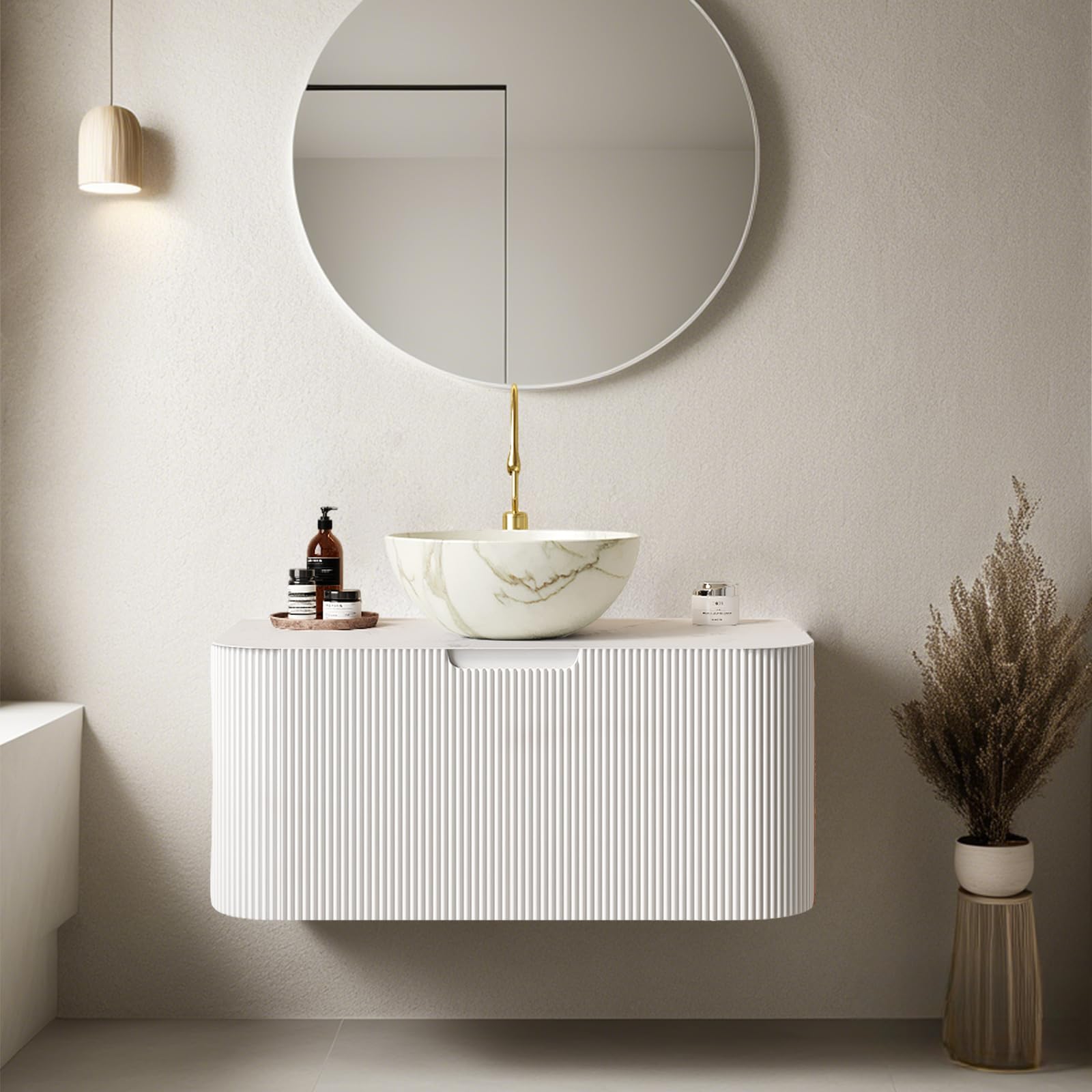 24-Inch Modern Bathroom Vanity with Sink, Floating Cabinet with Ultra-Thin Ceramic Basin and Marble Top, Extra Large Storage Drawer, Soft-Close Design, Nature Wood
