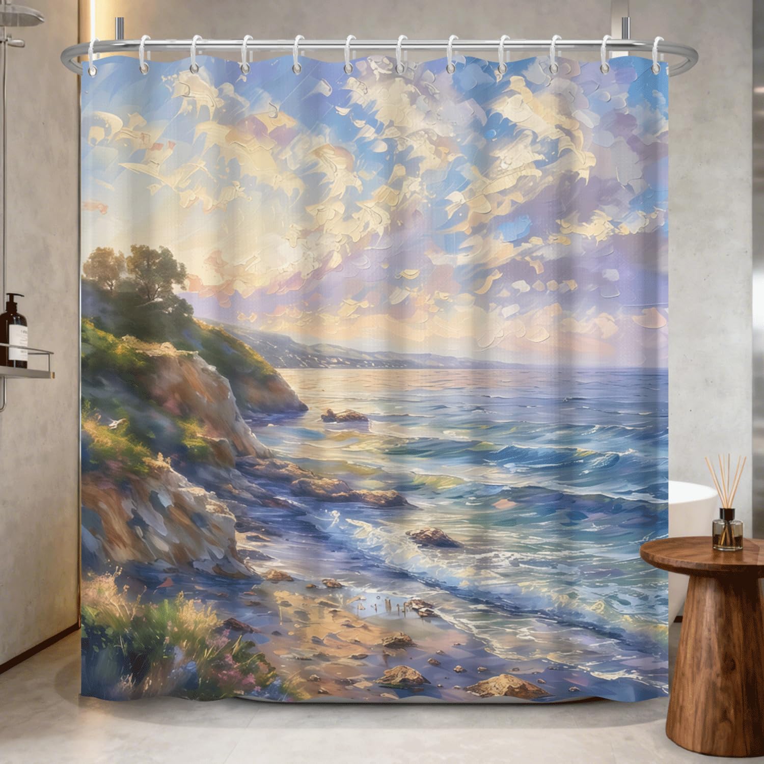 Mountain Landscape Shower Curtain with Hooks, Zen Inspired Design with Birds & Scenic Path, Waterproof Fabric Bath Curtain for Nature Lovers Bathroom Decor, 71x74 Inch