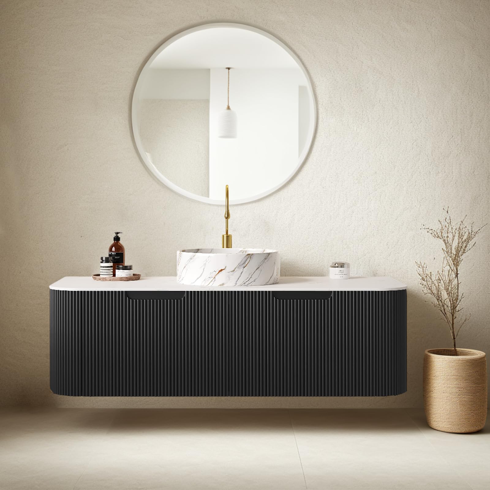 24-Inch Modern Bathroom Vanity with Sink, Floating Cabinet with Ultra-Thin Ceramic Basin and Marble Top, Extra Large Storage Drawer, Soft-Close Design, Nature Wood