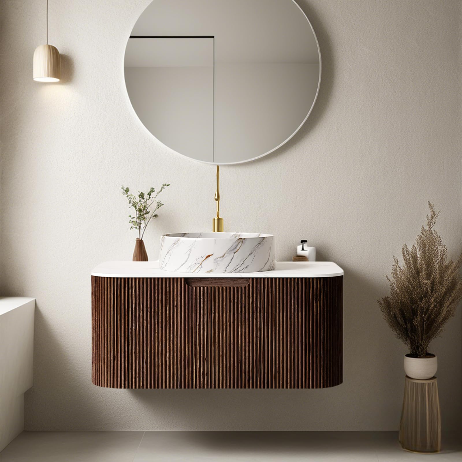 24-Inch Modern Bathroom Vanity with Sink, Floating Cabinet with Ultra-Thin Ceramic Basin and Marble Top, Extra Large Storage Drawer, Soft-Close Design, Nature Wood