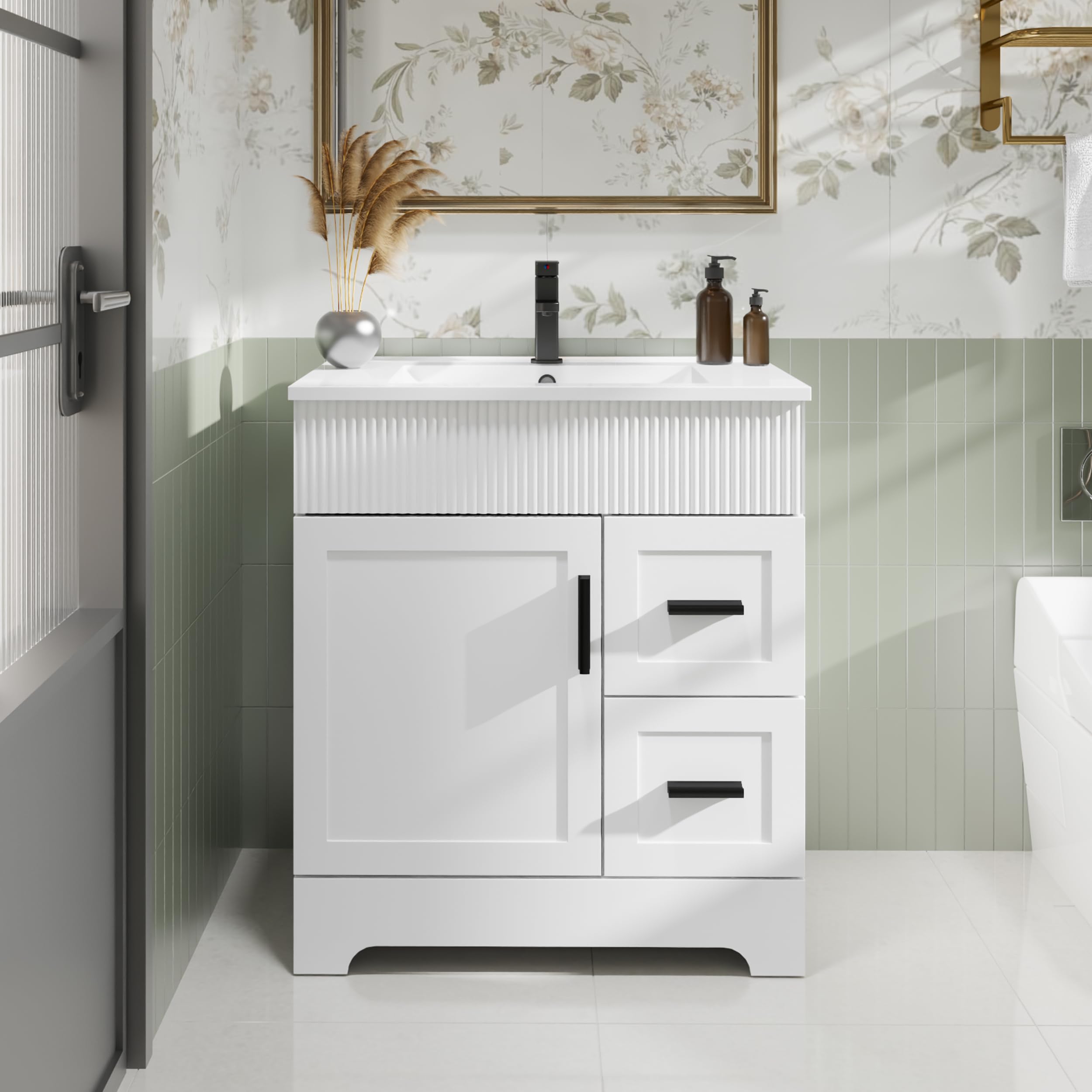 eclife 36" Bathroom Vanities Sink Combo with Painted Surface, Modern Drawered Cabinet W/Decorative Wave Lines, Undermount Single Sink, Matte Black Faucet Drain, Gray Green