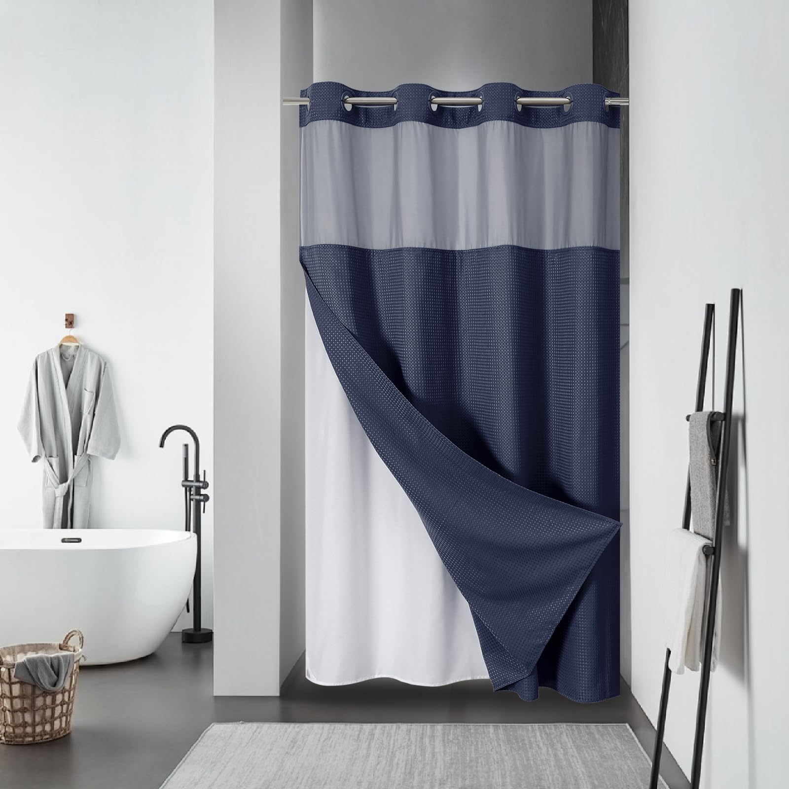 eachope BurntOrange Extra Long No Hook Waffle Weave Shower Curtain with snap-in Liner Replacement, 230GSM Waterproof Fabric Hotel Shower Curtain Set for Bathroom, Through Mesh Top Window,71Wx86H