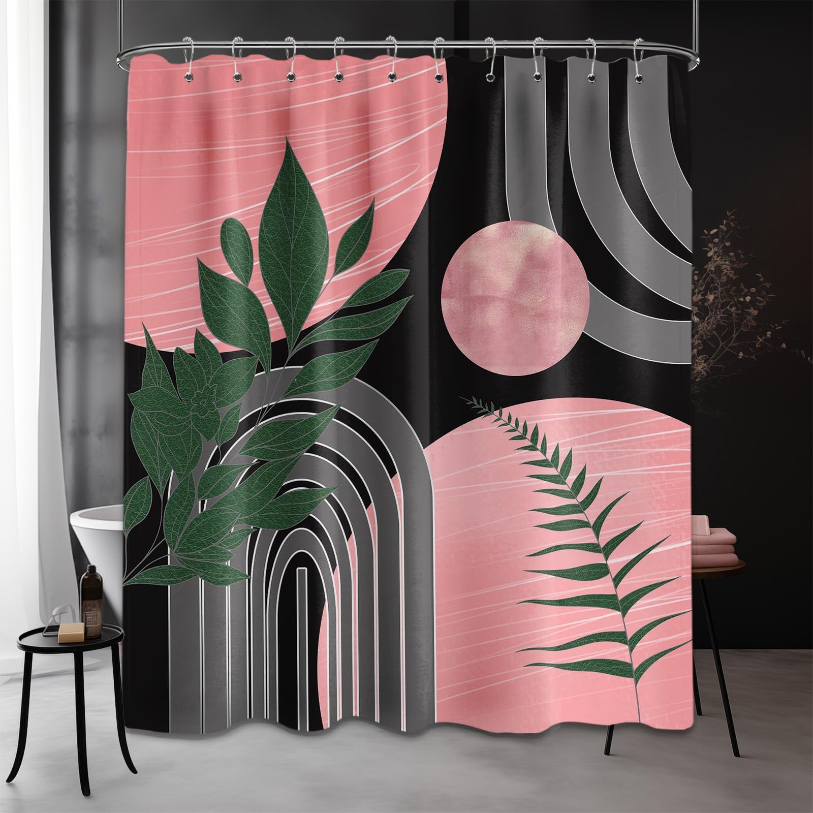 Mid Century Modern Black and Brown Shower Curtain Boho Beige and Dark Tan Gold Shower Curtains for Mens Bathroom Decor Sets, Waterproof Cloth Fabric with Hooks, 70x72in