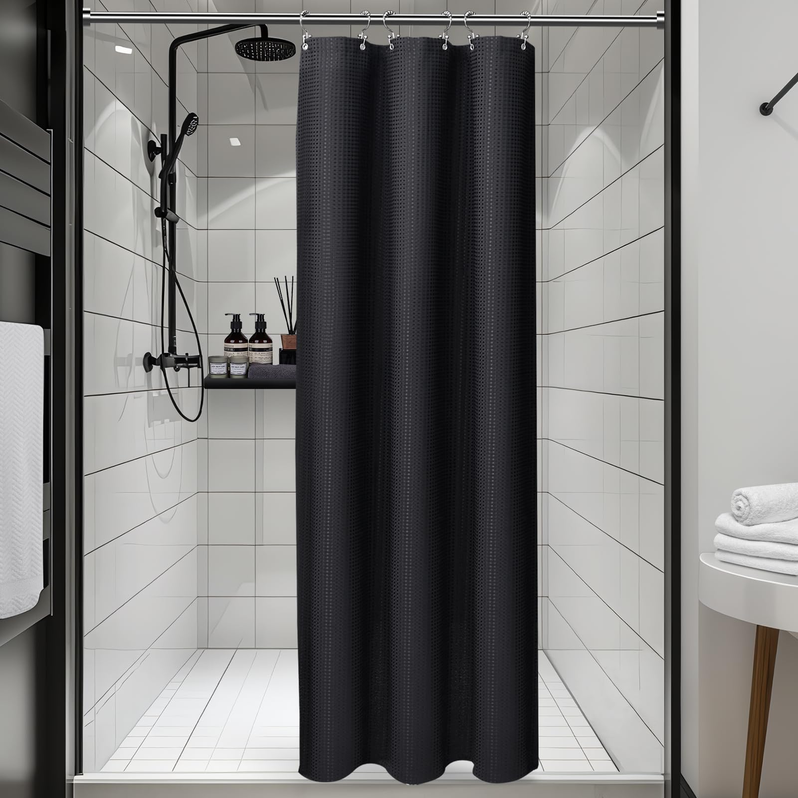 Vipfree 3 in 1 Shower Curtain Set, Waffle Shower Curtain and Liner Set with 12 Double Sided Shower Curtain Hooks, 258GSM Luxury Weighted Cloth Shower Curtains for Bathroom, 72 W x 72 H, White
