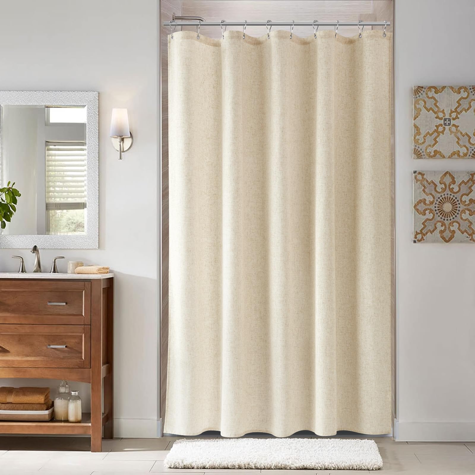 Naturoom Natural Linen Shower Curtain, Country Boho Farmhouse Bath Decor Beige Shower Curtains for Bathroom Neutral Cloth Weighted Textured Fabric Bath Curtain Liner with Hooks, Cream, 72 Inch
