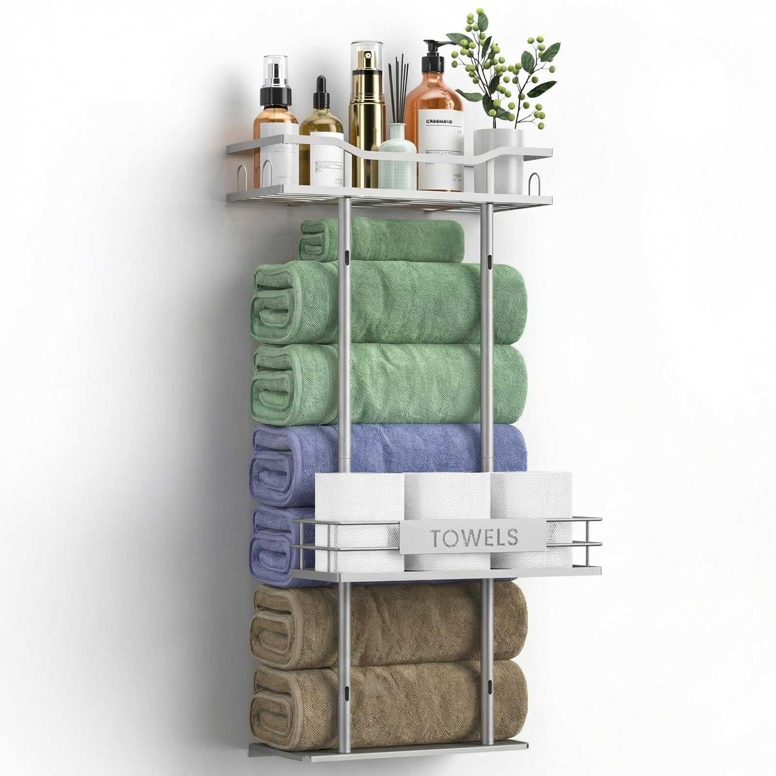 Towel Racks for Bathroom, 30inch Wall Mounted Towel Rack, Towel Storage for Small Bathroom Can Holds 6 Large Towels, Floating Shelf with Adjustable Tissue Basket(Black).