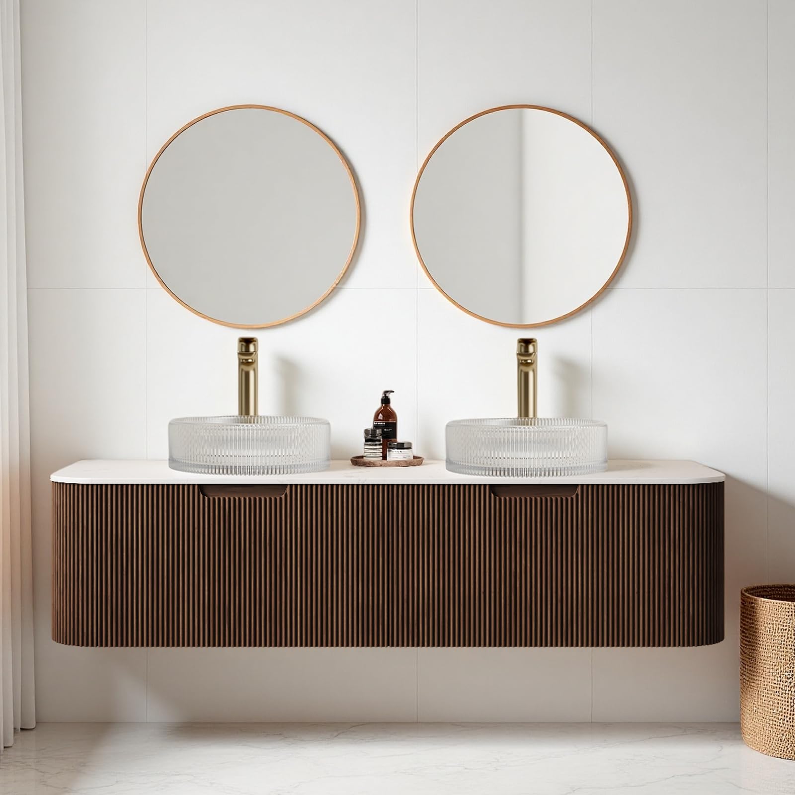 24-Inch Modern Bathroom Vanity with Sink, Floating Cabinet with Ultra-Thin Ceramic Basin and Marble Top, Extra Large Storage Drawer, Soft-Close Design, Nature Wood