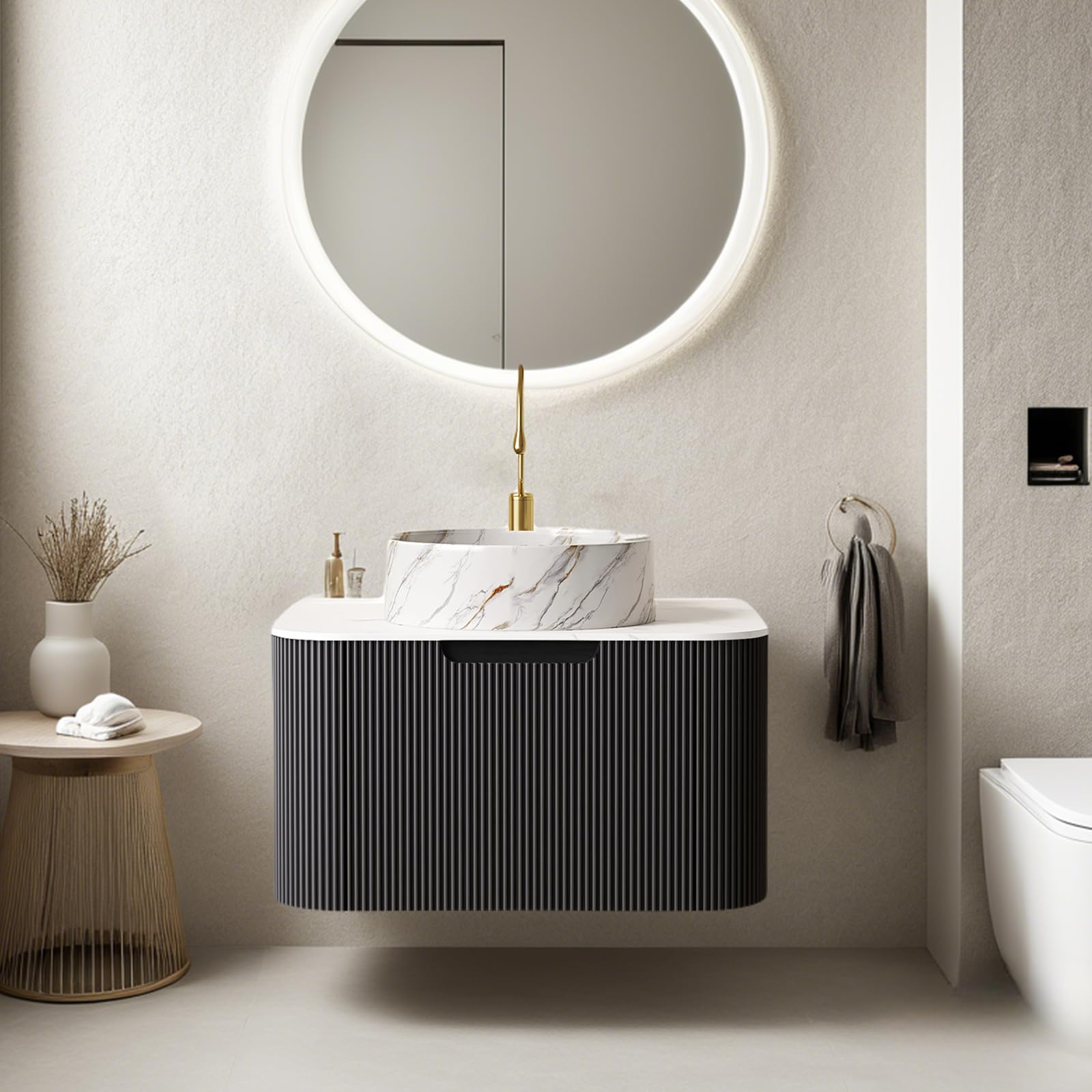 24-Inch Modern Bathroom Vanity with Sink, Floating Cabinet with Ultra-Thin Ceramic Basin and Marble Top, Extra Large Storage Drawer, Soft-Close Design, Nature Wood