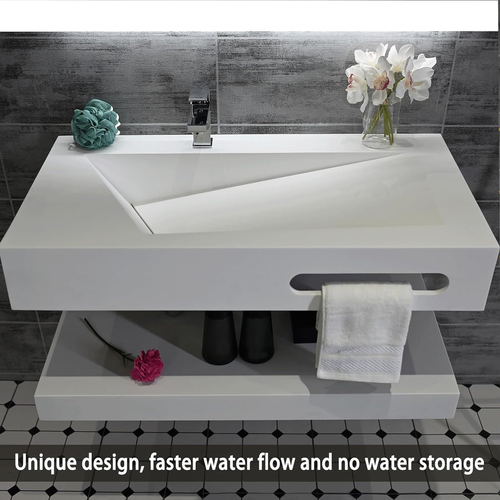 Gesipor 36"x19" Wall Mount Bathroom Vanity with Sink Stone Resin Floating Vanity Sink Rectangular Vessel Sinks for Bathroom White Trough with Shelf Layer (Mirror Not Included)