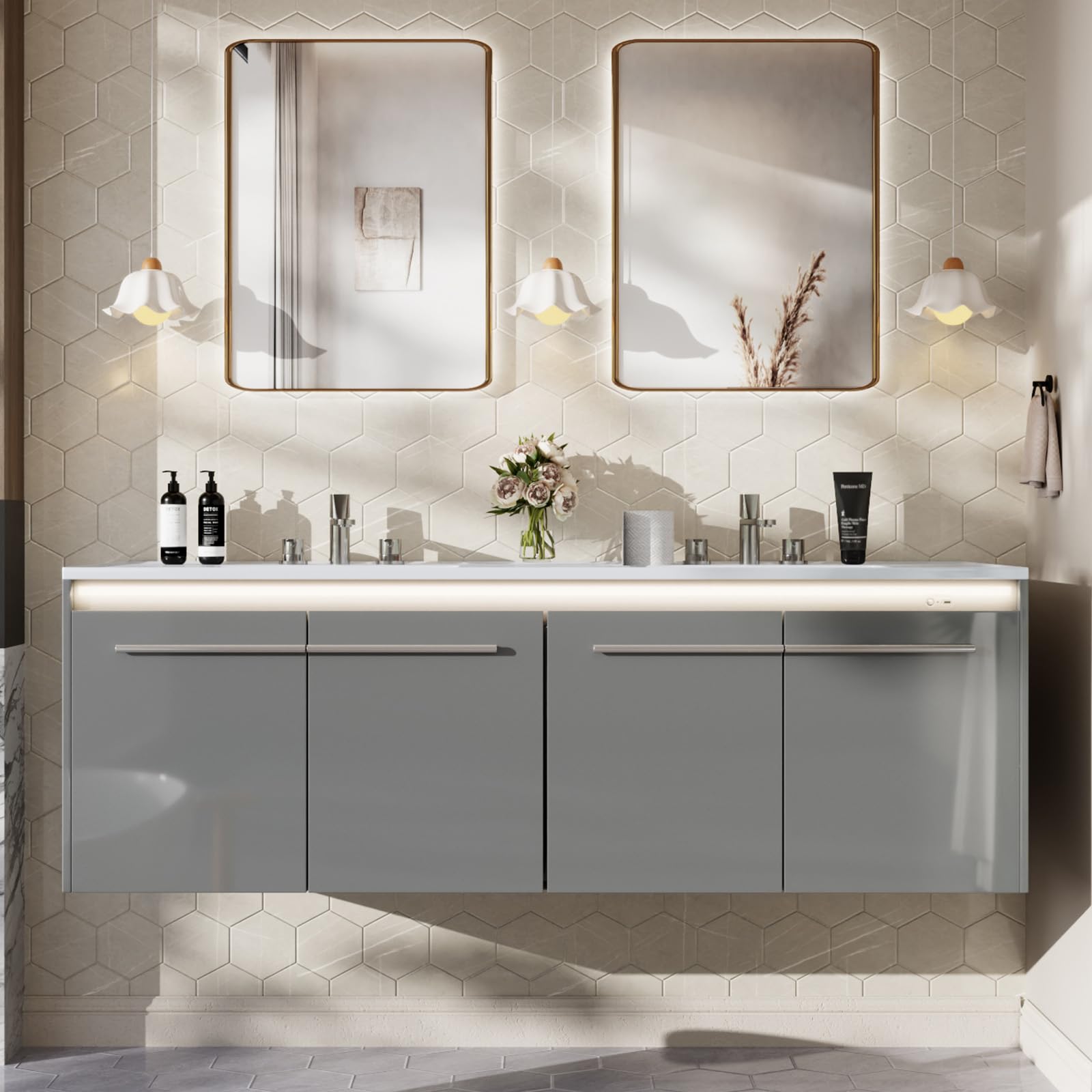 AMERLIFE 60" LED Floating Bathroom Double Vanity with Sink, Modern High Gloss Wall Mounted Bathroom Storage Cabinet with 3 Hole Sink, Metal Handles & Soft Closing Doors, White