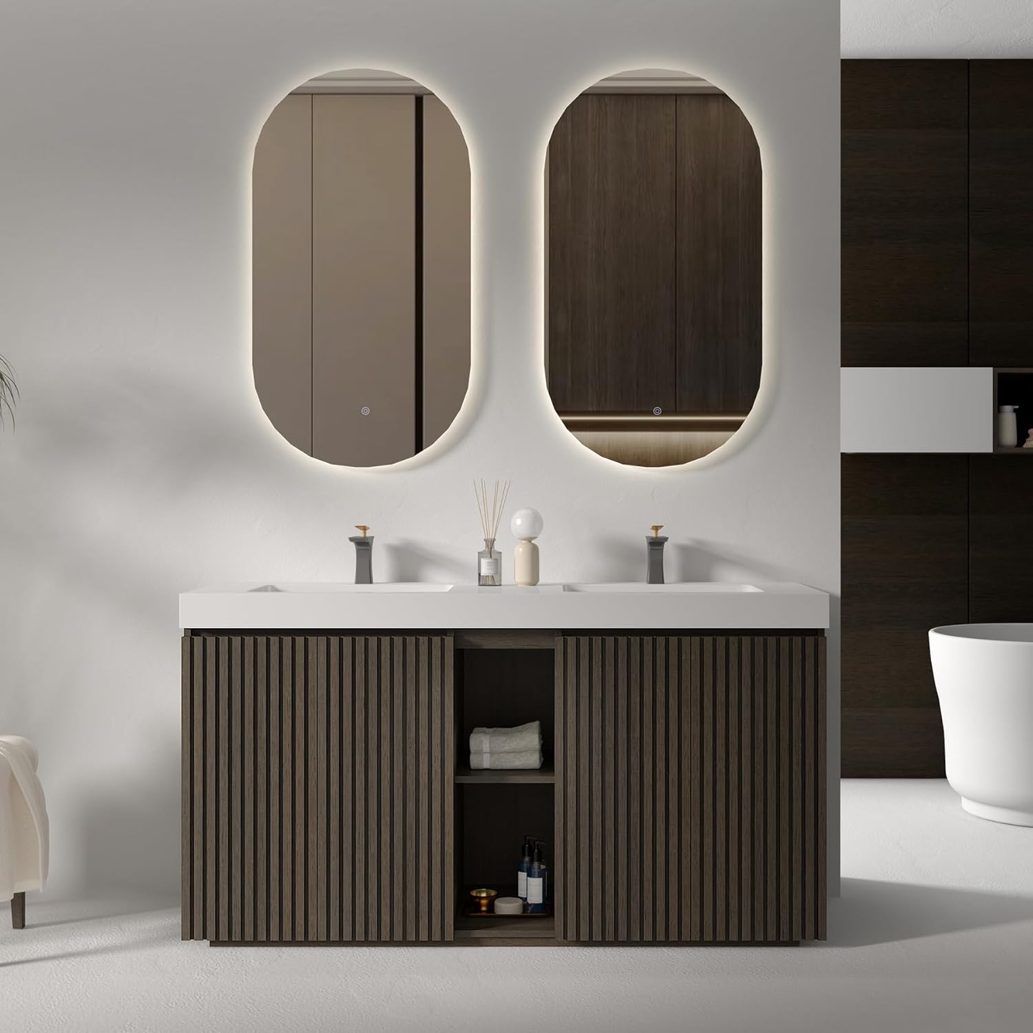 60" Bathroom Vanity with Double Sink, Freestanding Double Sink Bathroom Vanity with White Engineered Stone Top, Open Storage Cabinet & Adjustable Shelf, 4 Soft-Closing Doors, Smoked Oak Brown