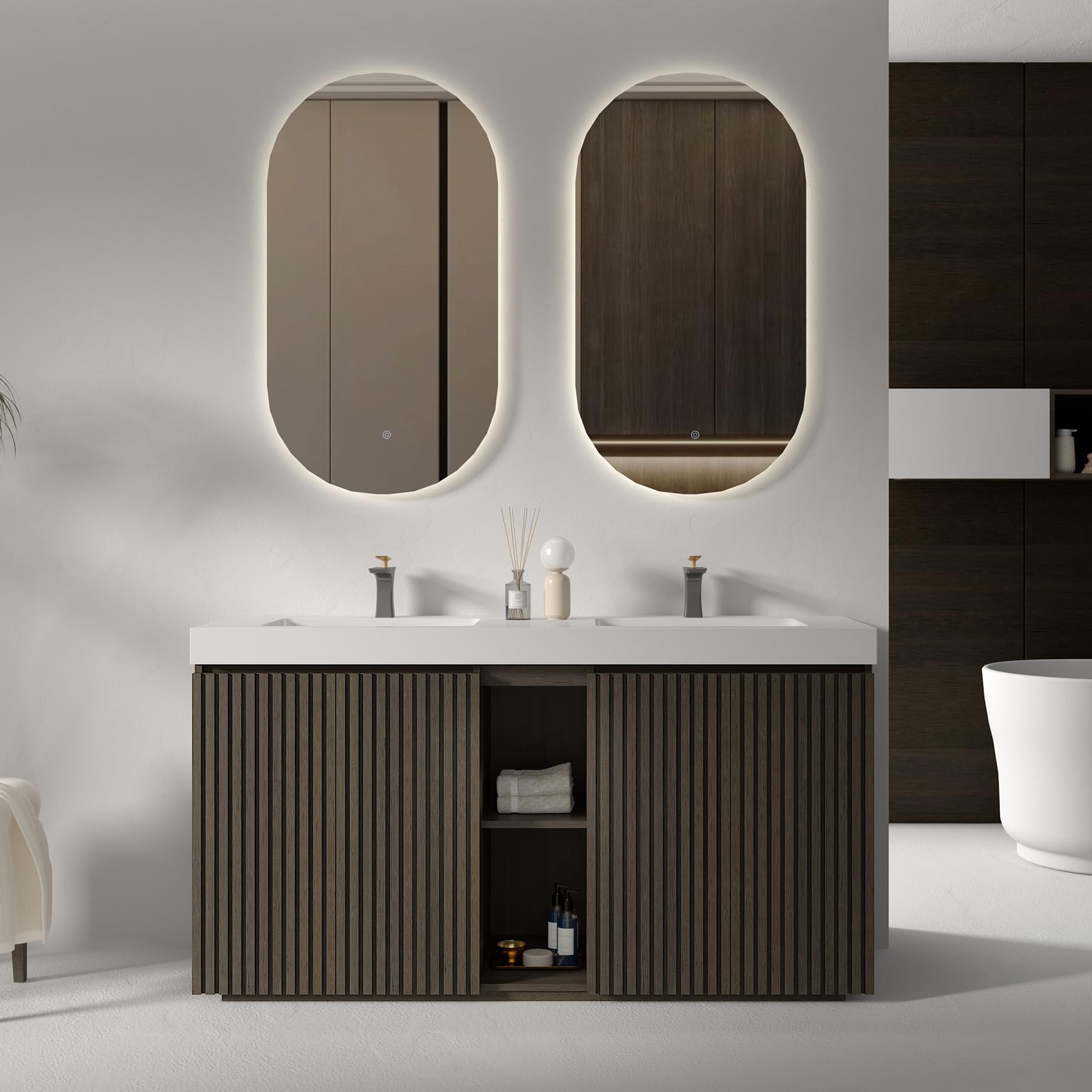 60" Bathroom Vanity with Double Sink, Freestanding Double Sink Bathroom Vanity with White Engineered Stone Top, Open Storage Cabinet & Adjustable Shelf, 4 Soft-Closing Doors, Smoked Oak Brown