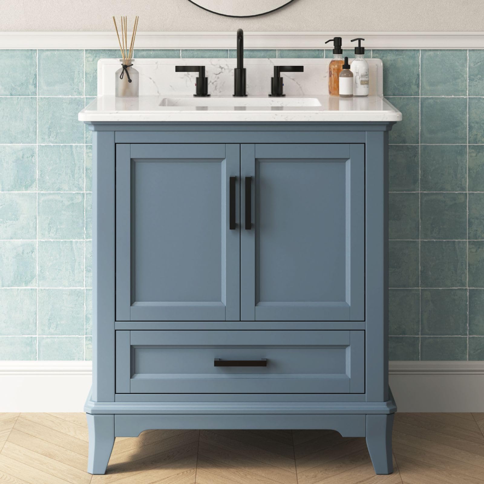 48 Inch Bathroom Vanity with Sink, Modern Steel Blue Bathroom Vanities with Soft Closing Doors & Dovetail Drawers, Quartz Countertop, No Assembly Required
