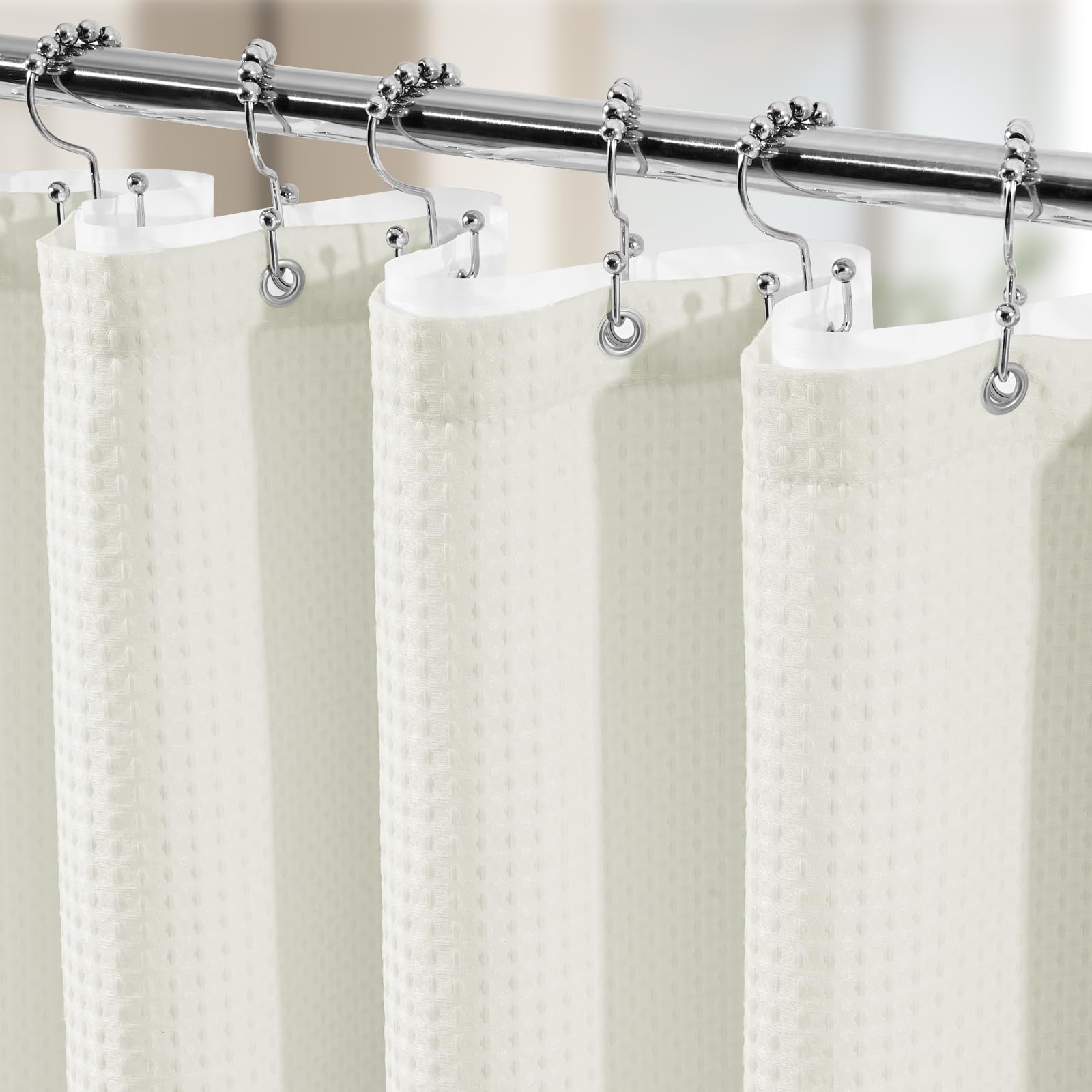 Vipfree 3 in 1 Shower Curtain Set, Waffle Shower Curtain and Liner Set with 12 Double Sided Shower Curtain Hooks, 258GSM Luxury Weighted Cloth Shower Curtains for Bathroom, 72 W x 72 H, White