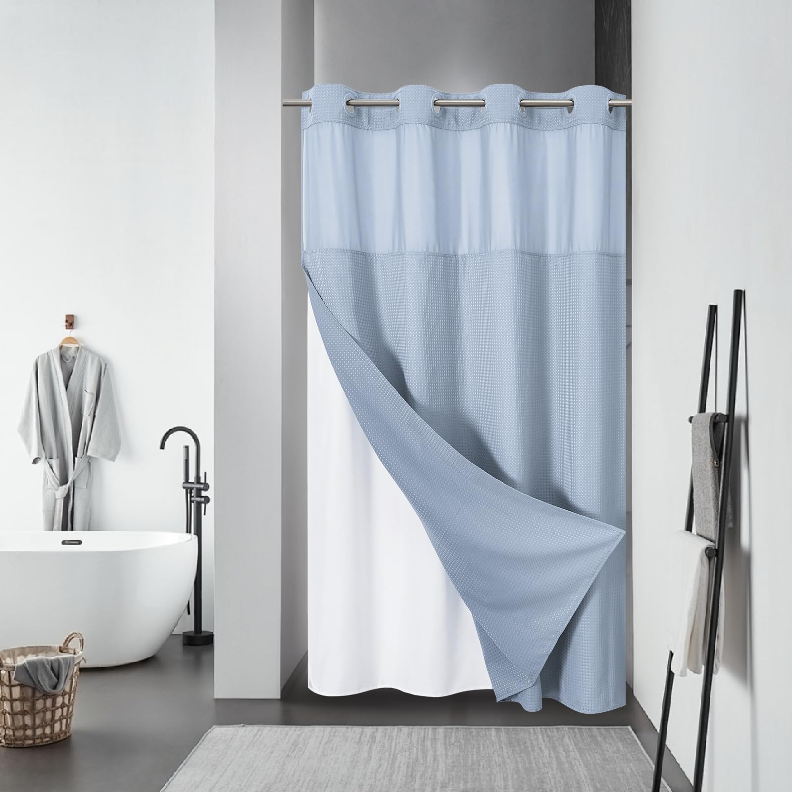 eachope BurntOrange Extra Long No Hook Waffle Weave Shower Curtain with snap-in Liner Replacement, 230GSM Waterproof Fabric Hotel Shower Curtain Set for Bathroom, Through Mesh Top Window,71Wx86H