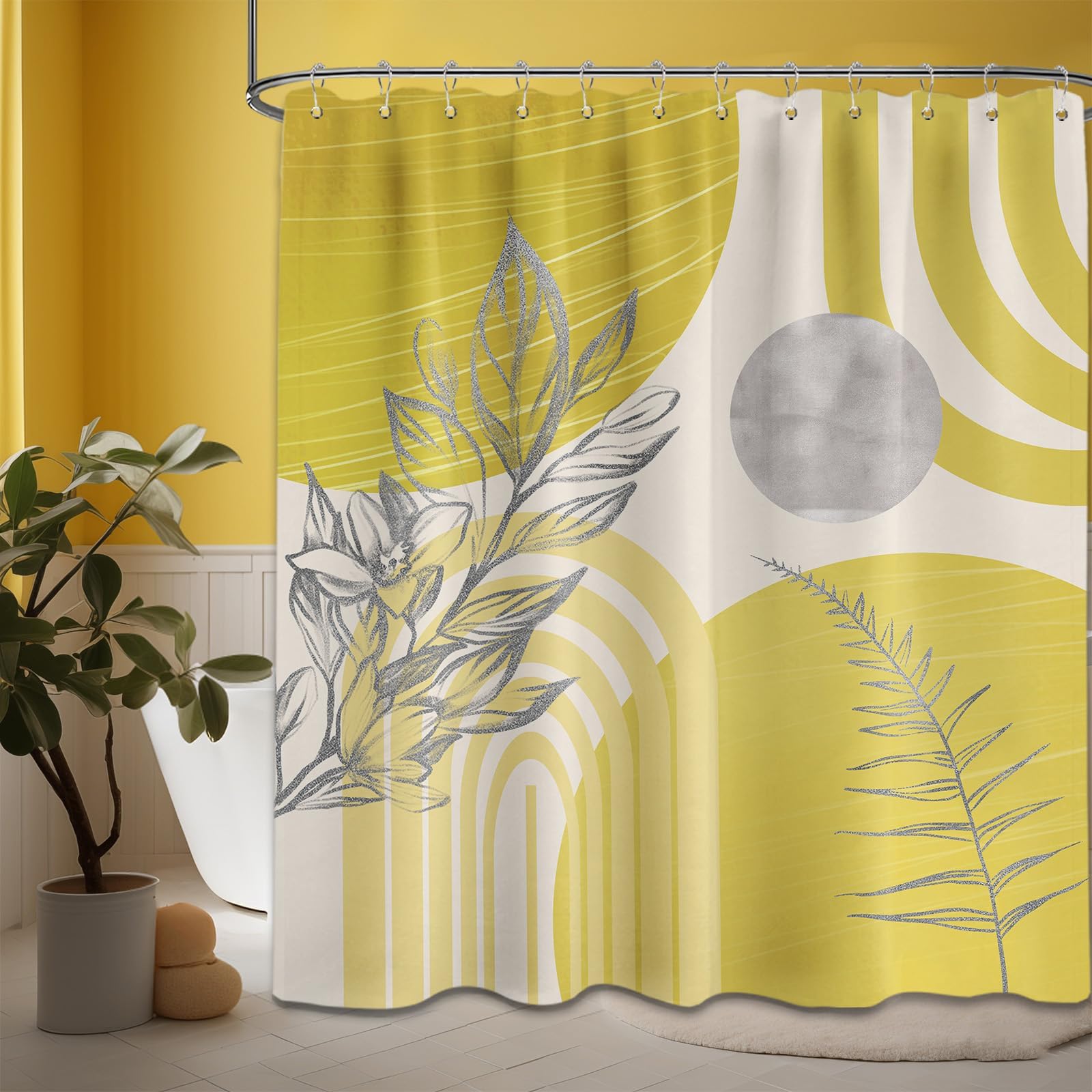 Mid Century Modern Black and Brown Shower Curtain Boho Beige and Dark Tan Gold Shower Curtains for Mens Bathroom Decor Sets, Waterproof Cloth Fabric with Hooks, 70x72in