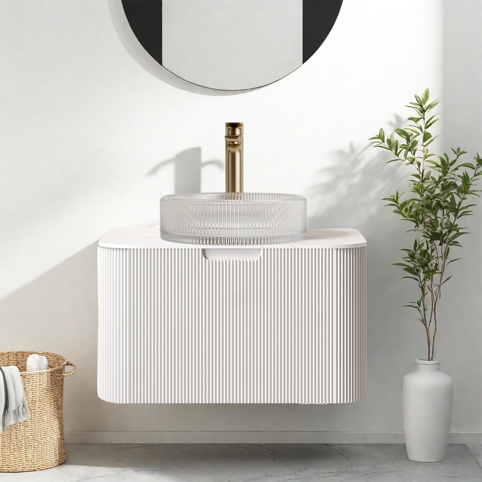 24-Inch Modern Bathroom Vanity with Sink, Floating Cabinet with Ultra-Thin Ceramic Basin and Marble Top, Extra Large Storage Drawer, Soft-Close Design, Nature Wood