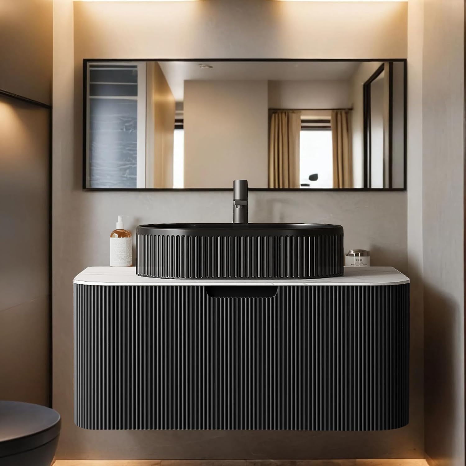 24-Inch Modern Bathroom Vanity with Sink, Floating Cabinet with Ultra-Thin Ceramic Basin and Marble Top, Extra Large Storage Drawer, Soft-Close Design, Nature Wood