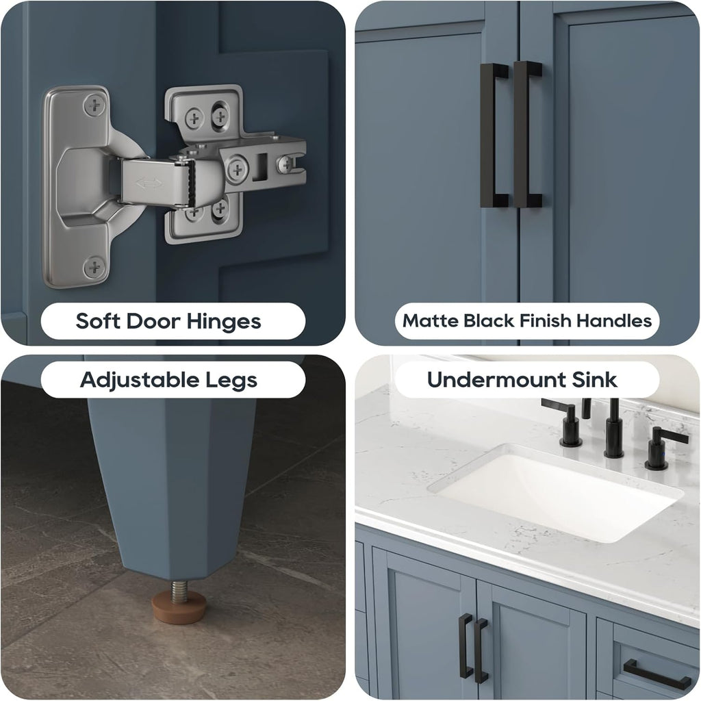 48 Inch Bathroom Vanity with Sink, Modern Steel Blue Bathroom Vanities with Soft Closing Doors & Dovetail Drawers, Quartz Countertop, No Assembly Required