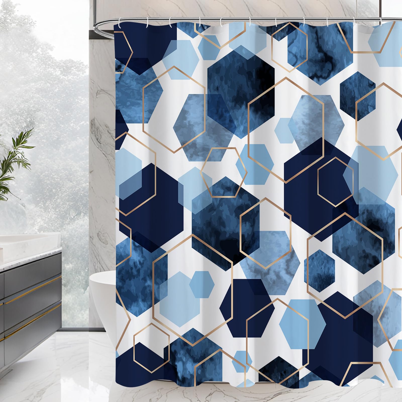 Litabel Blue Shower Curtain Set, Modern Geometric Art Decor Waterproof Bath Curtain, Abstract Fabric Shower Curtain for Bathroom, 72x72 Inch