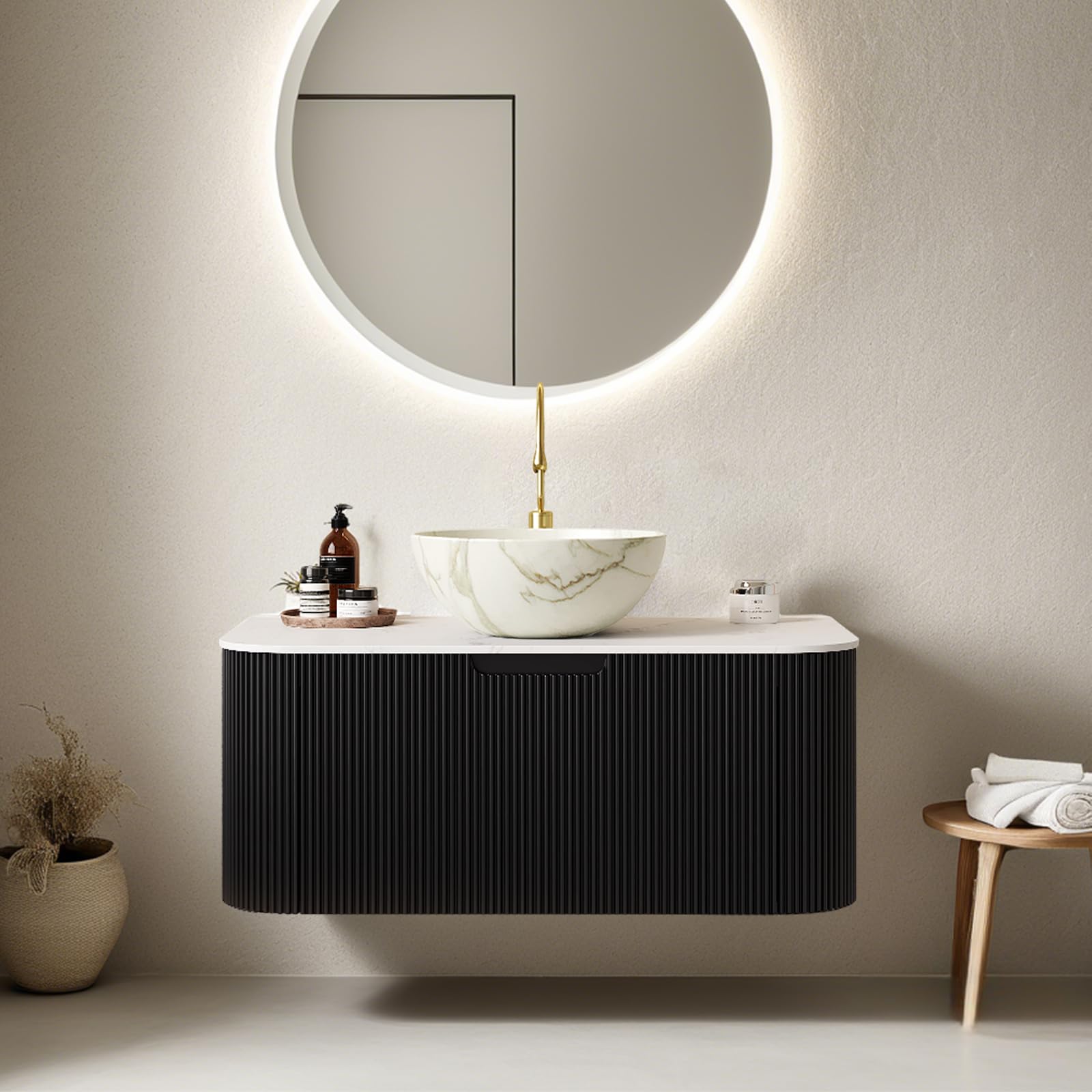 24-Inch Modern Bathroom Vanity with Sink, Floating Cabinet with Ultra-Thin Ceramic Basin and Marble Top, Extra Large Storage Drawer, Soft-Close Design, Nature Wood