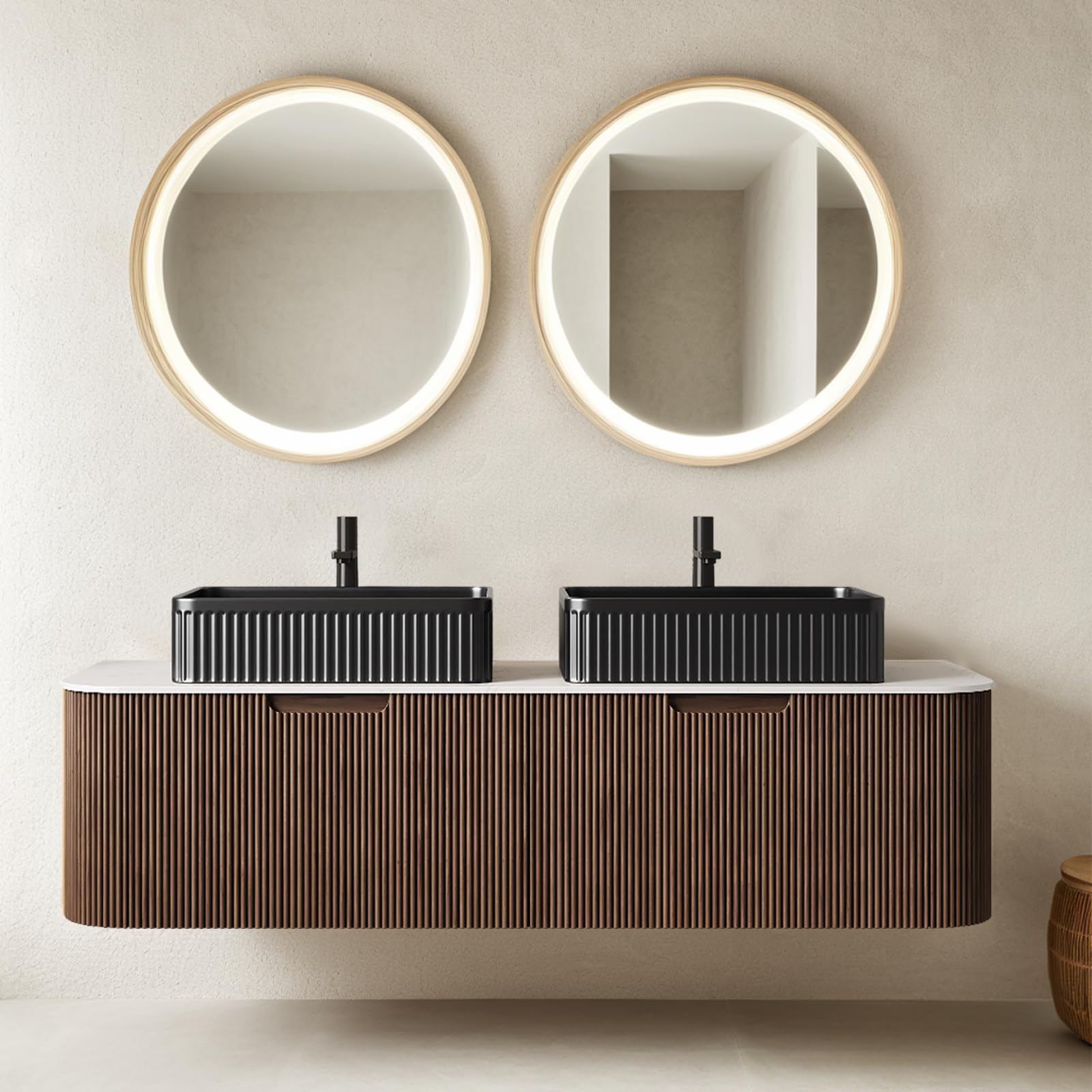24-Inch Modern Bathroom Vanity with Sink, Floating Cabinet with Ultra-Thin Ceramic Basin and Marble Top, Extra Large Storage Drawer, Soft-Close Design, Nature Wood