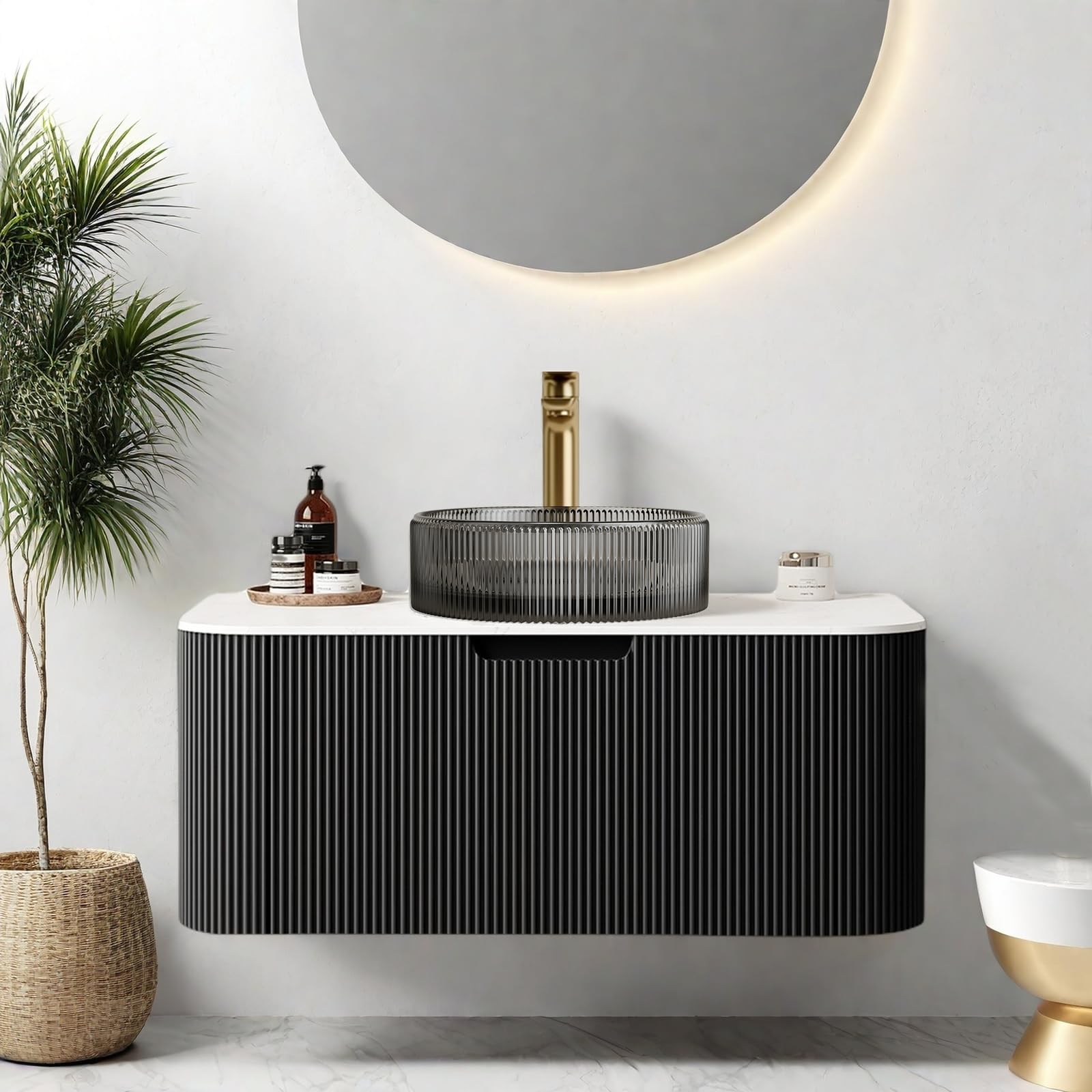 24-Inch Modern Bathroom Vanity with Sink, Floating Cabinet with Ultra-Thin Ceramic Basin and Marble Top, Extra Large Storage Drawer, Soft-Close Design, Nature Wood