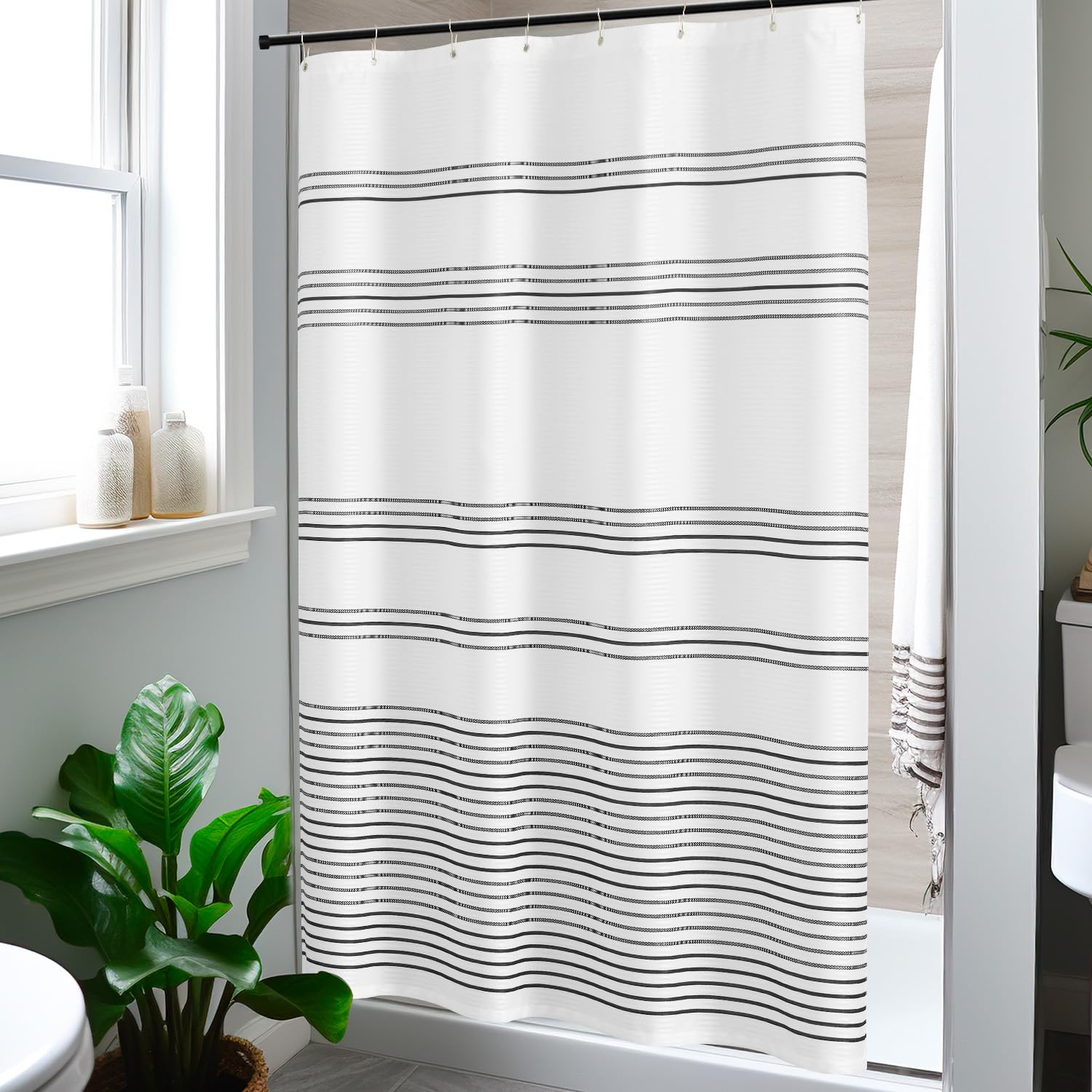jinchan Black and White Shower Curtain for Bathroom Modern Farmhouse Striped Waterproof Fabric Shower Curtain Set with 12 Hooks Machine Washable 70x72 Inches