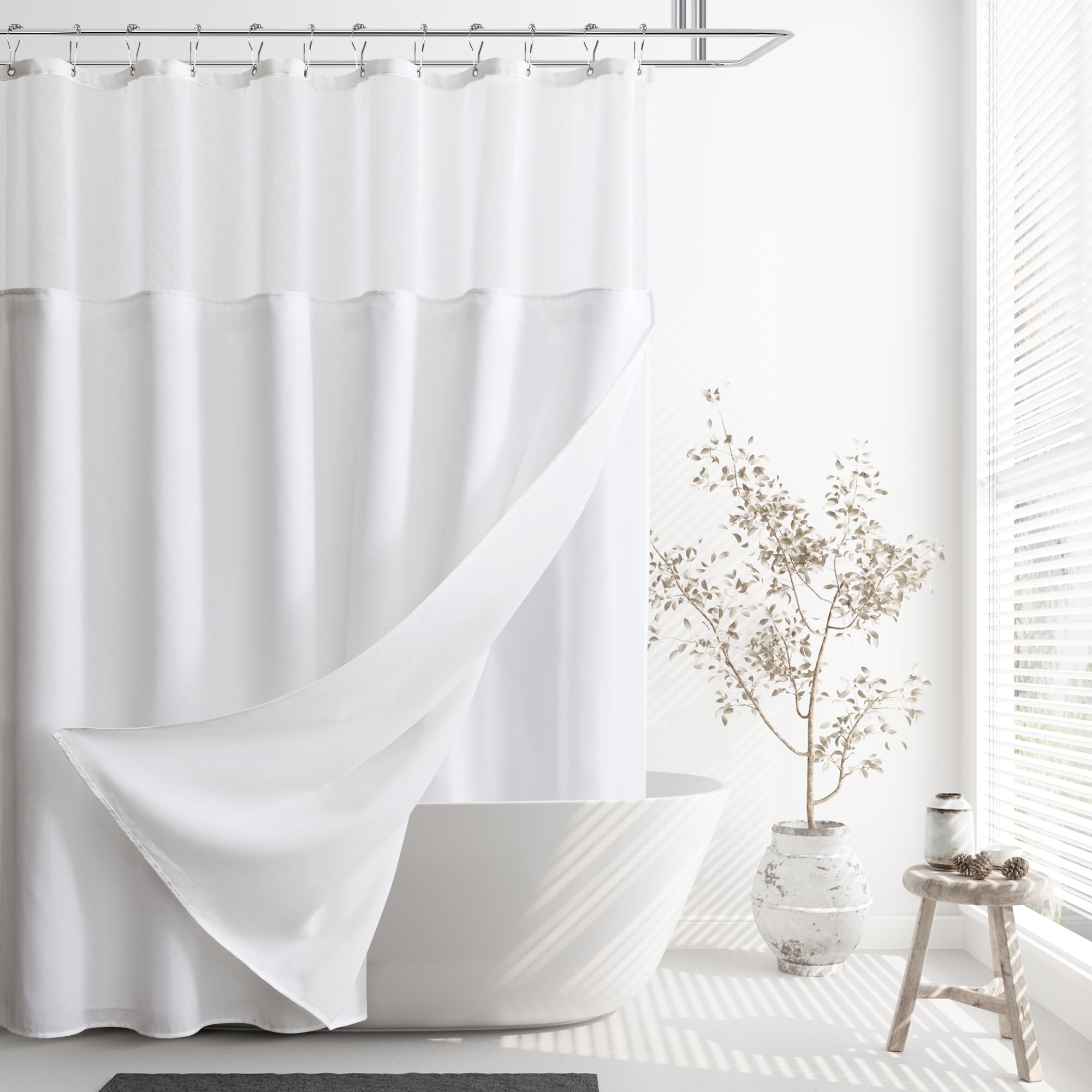 Naturoom Natural Linen Shower Curtain, Country Boho Farmhouse Bath Decor Beige Shower Curtains for Bathroom Neutral Cloth Weighted Textured Fabric Bath Curtain Liner with Hooks, Cream, 72 Inch