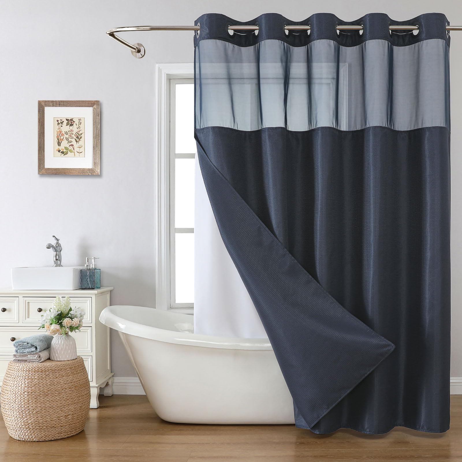 eachope Stall No Hook Shower Curtain with Snap-in Fabric Liner Set,Waffle Weave Shower Curtains for Bathroom,Hotel Luxury Decor Bathroom Curtain Set,Waterproof & Washable,White,54Wx80H