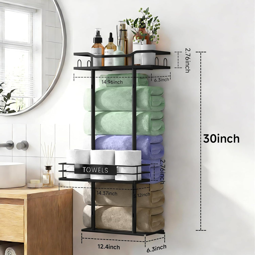 Towel Racks for Bathroom, 30inch Wall Mounted Towel Rack, Towel Storage for Small Bathroom Can Holds 6 Large Towels, Floating Shelf with Adjustable Tissue Basket(Black).