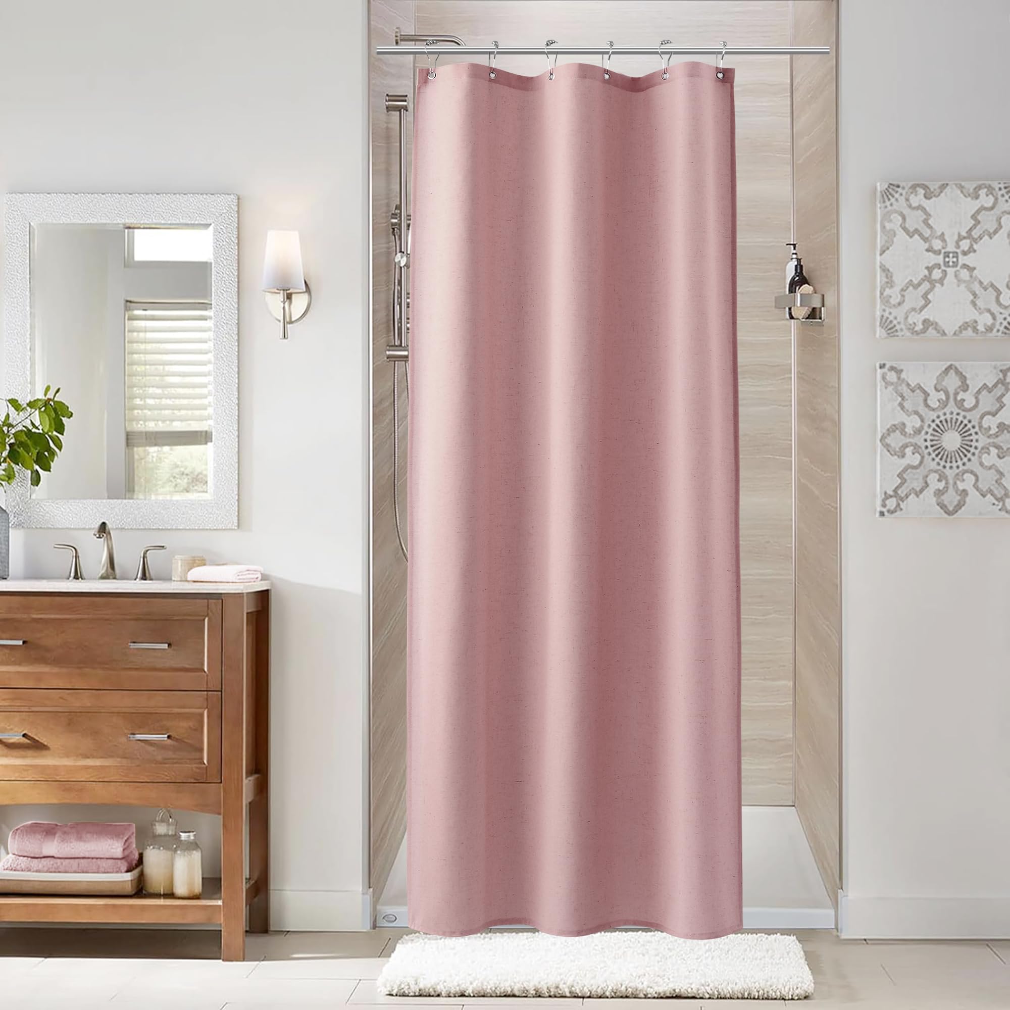 Naturoom Natural Linen Shower Curtain, Country Boho Farmhouse Bath Decor Beige Shower Curtains for Bathroom Neutral Cloth Weighted Textured Fabric Bath Curtain Liner with Hooks, Cream, 72 Inch