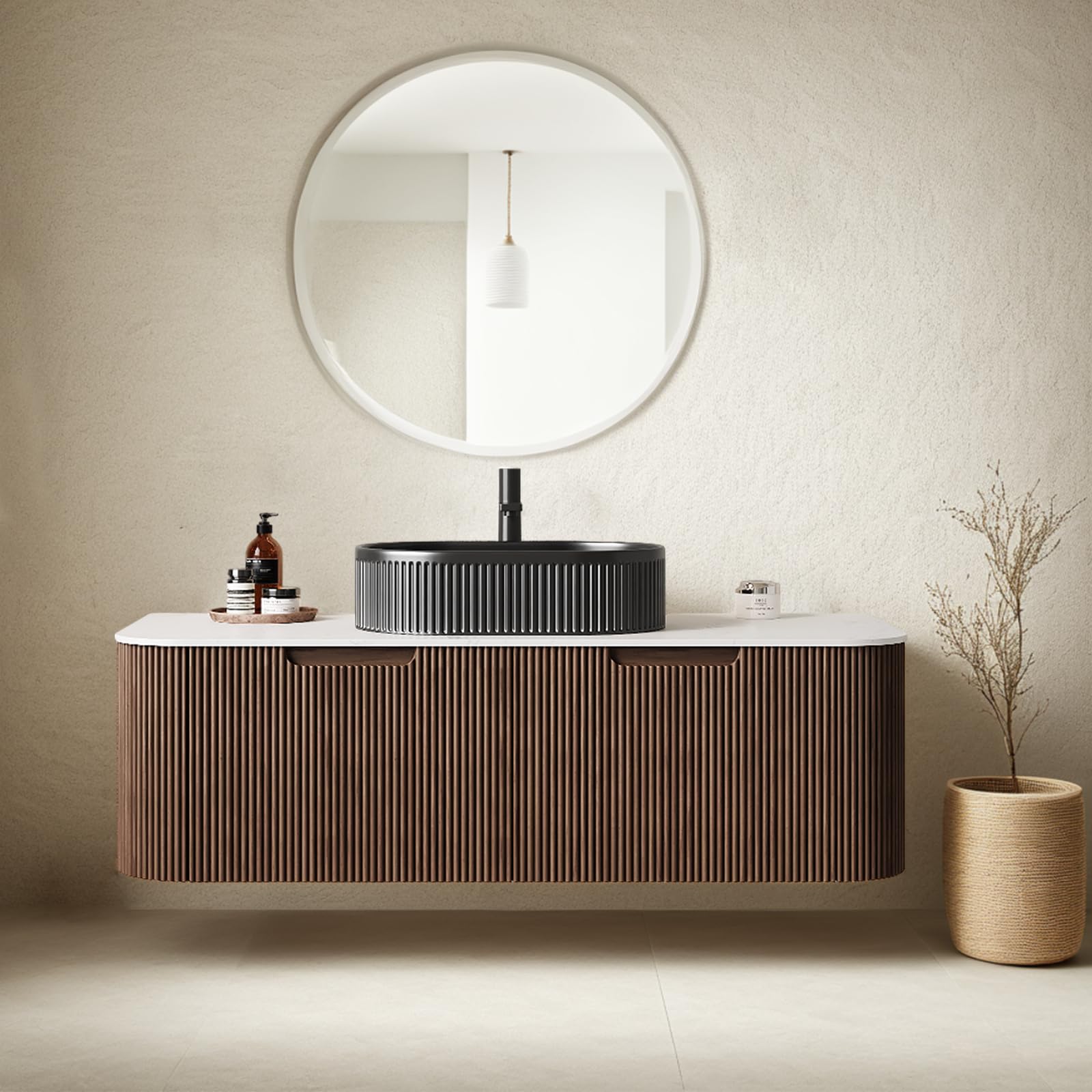 24-Inch Modern Bathroom Vanity with Sink, Floating Cabinet with Ultra-Thin Ceramic Basin and Marble Top, Extra Large Storage Drawer, Soft-Close Design, Nature Wood
