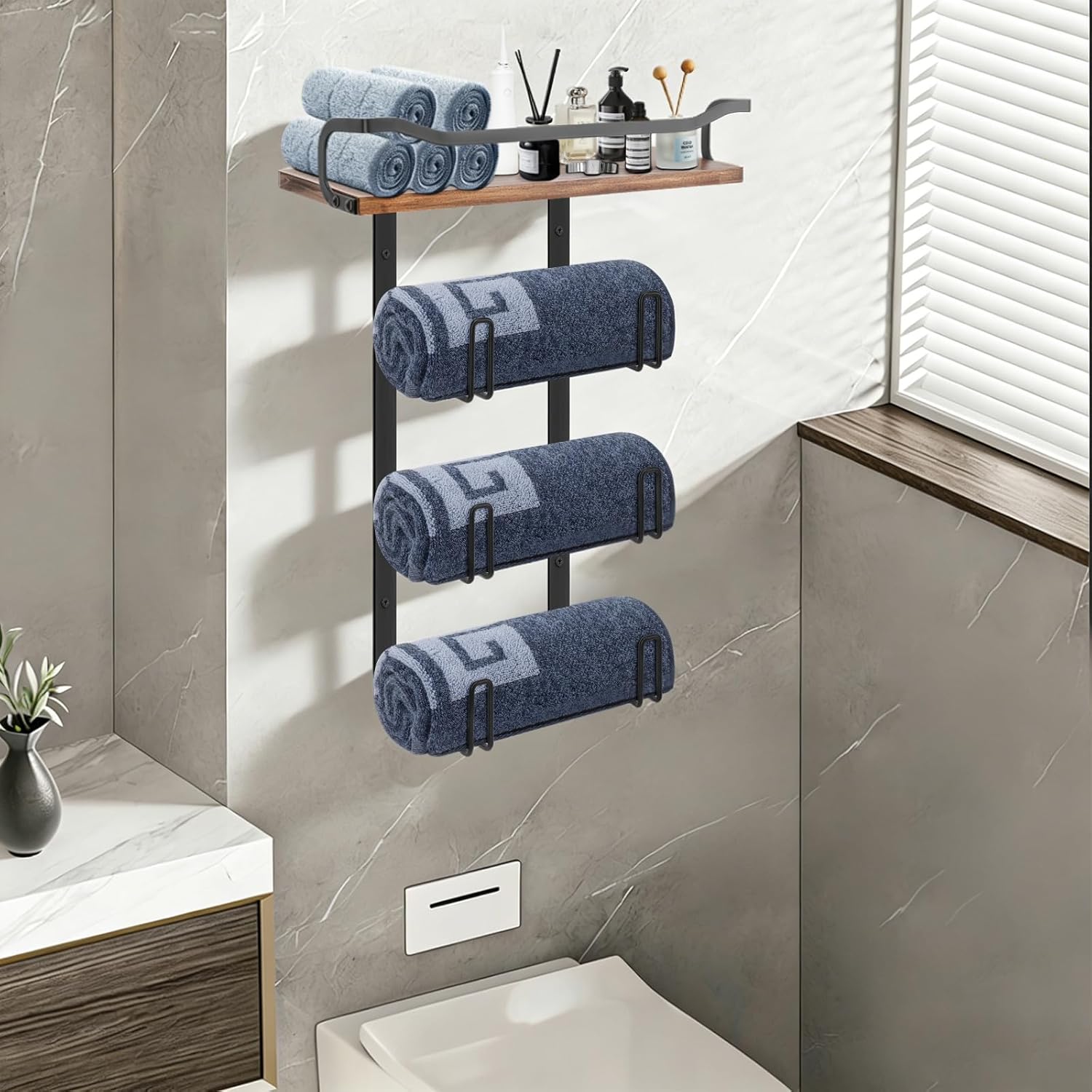 NearMoon Towel Rack with Wooden Shelf, All Metal Rustproof Towel Organizer Holder for Bathroom Storage, Wall Mounted (1 Pack, Matte Black)