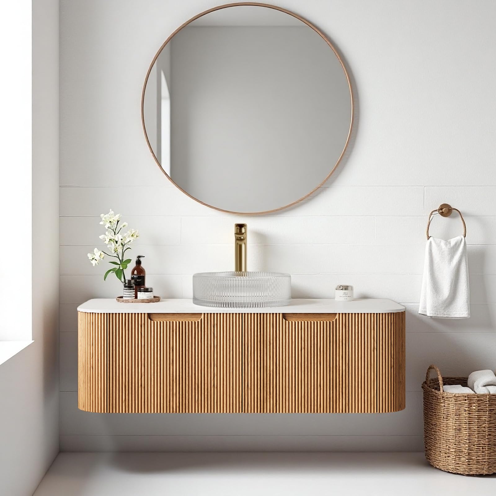 24-Inch Modern Bathroom Vanity with Sink, Floating Cabinet with Ultra-Thin Ceramic Basin and Marble Top, Extra Large Storage Drawer, Soft-Close Design, Nature Wood