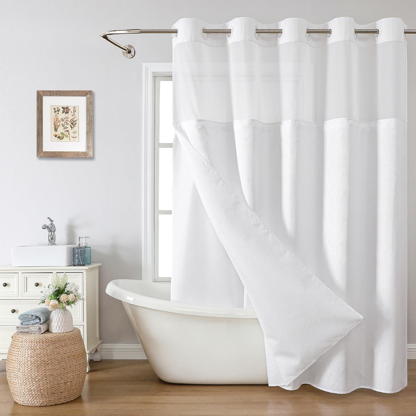 eachope Stall No Hook Shower Curtain with Snap-in Fabric Liner Set,Waffle Weave Shower Curtains for Bathroom,Hotel Luxury Decor Bathroom Curtain Set,Waterproof & Washable,White,54Wx80H
