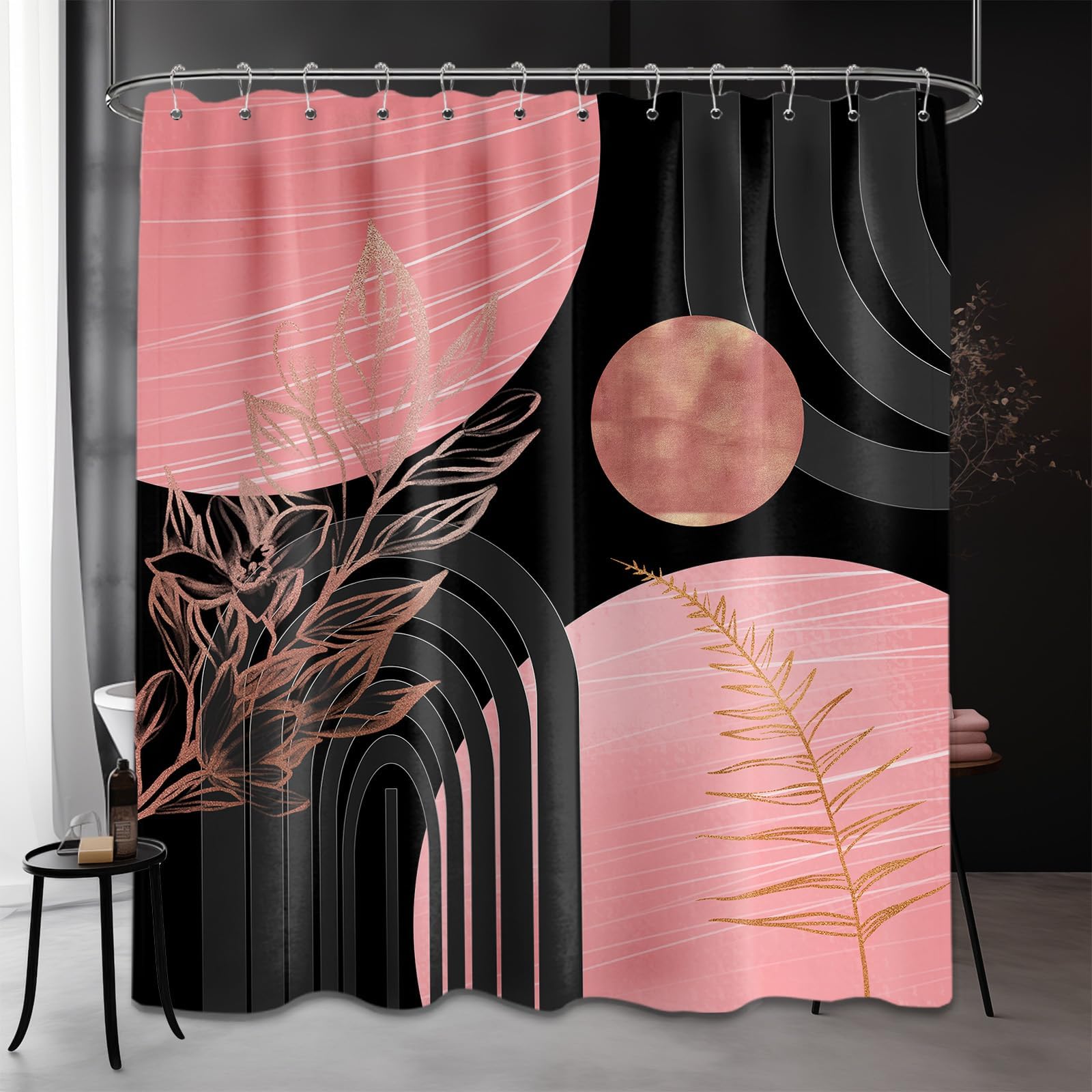 Mid Century Modern Black and Brown Shower Curtain Boho Beige and Dark Tan Gold Shower Curtains for Mens Bathroom Decor Sets, Waterproof Cloth Fabric with Hooks, 70x72in