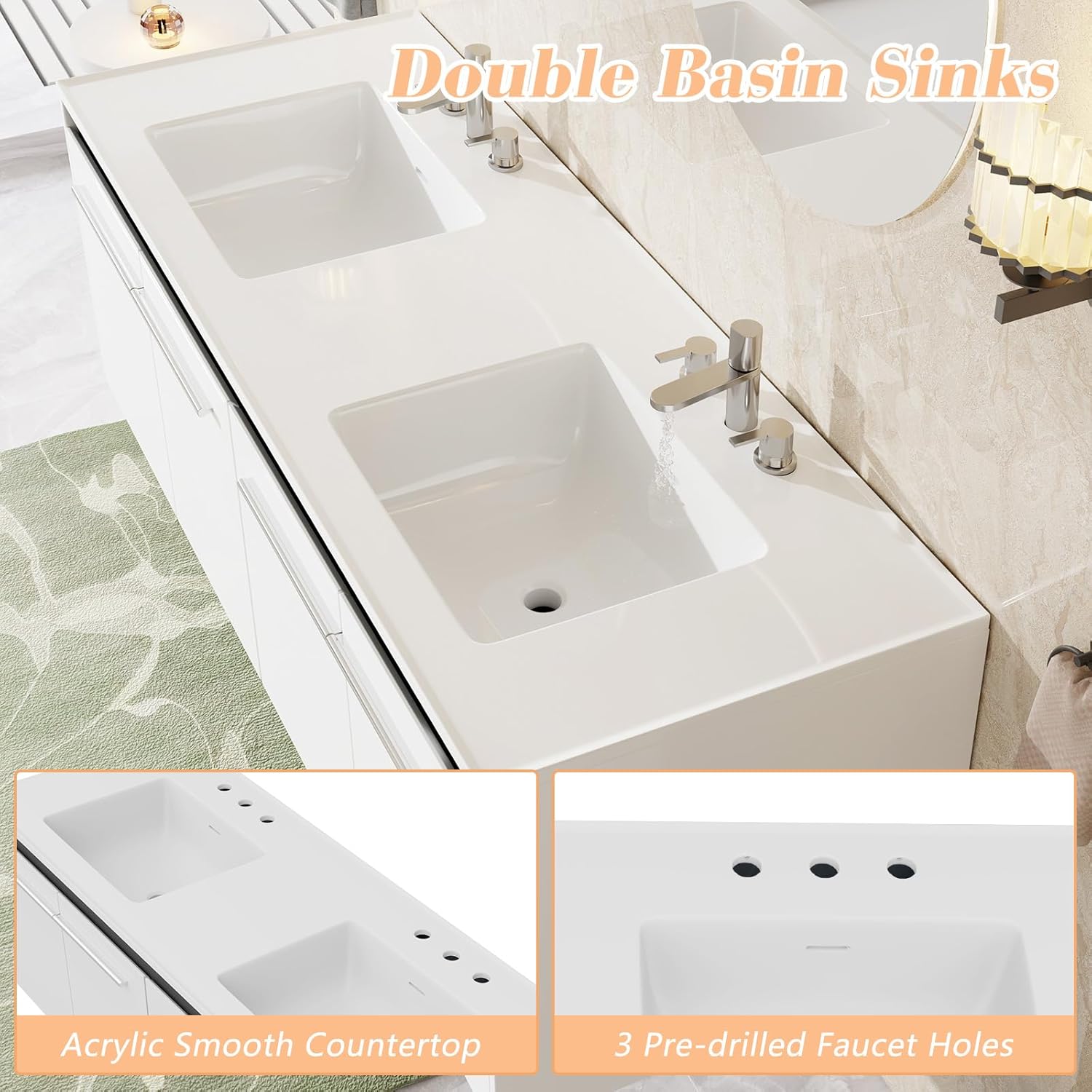 AMERLIFE 60" LED Floating Bathroom Double Vanity with Sink, Modern High Gloss Wall Mounted Bathroom Storage Cabinet with 3 Hole Sink, Metal Handles & Soft Closing Doors, White