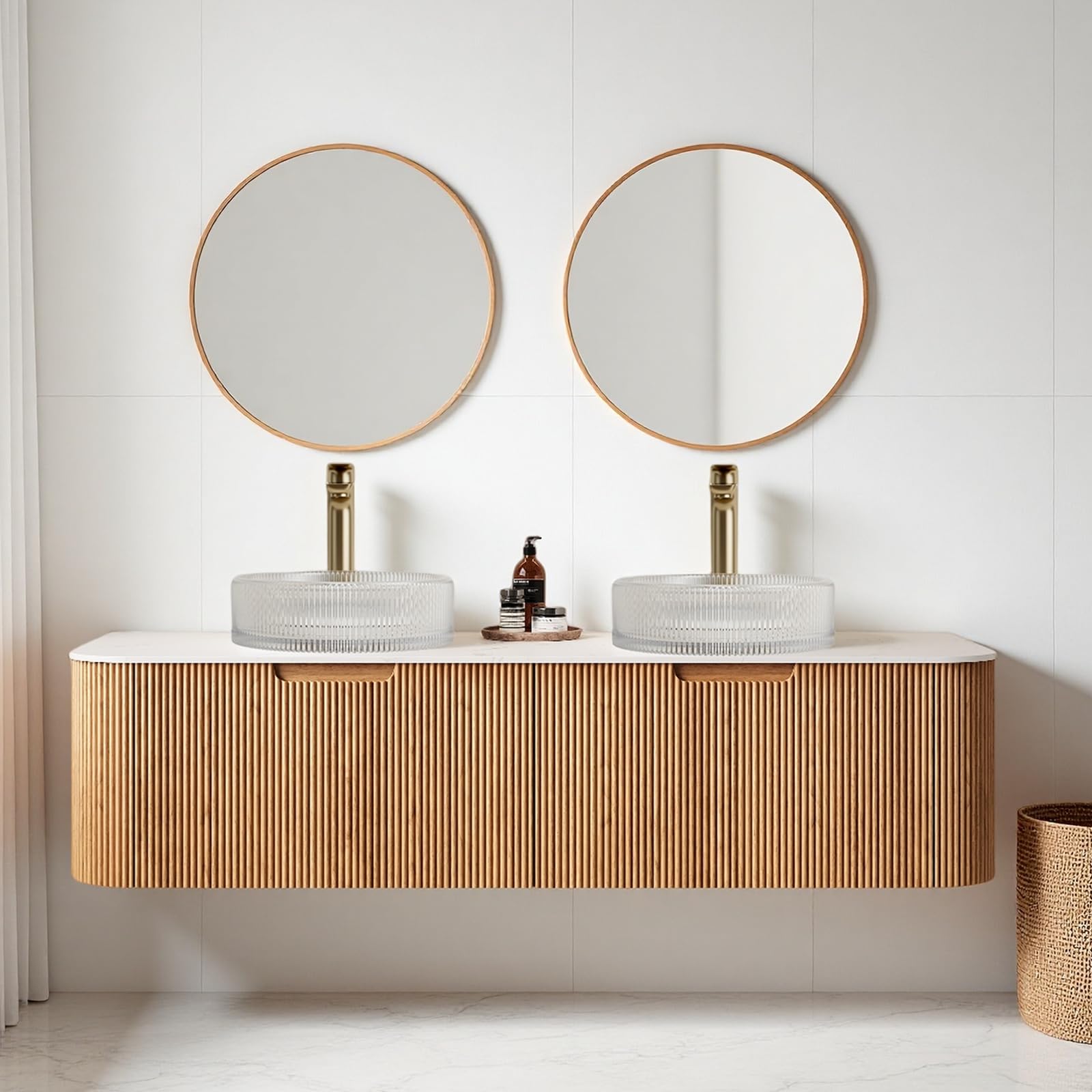 24-Inch Modern Bathroom Vanity with Sink, Floating Cabinet with Ultra-Thin Ceramic Basin and Marble Top, Extra Large Storage Drawer, Soft-Close Design, Nature Wood