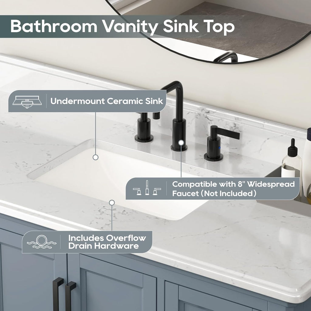 48 Inch Bathroom Vanity with Sink, Modern Steel Blue Bathroom Vanities with Soft Closing Doors & Dovetail Drawers, Quartz Countertop, No Assembly Required