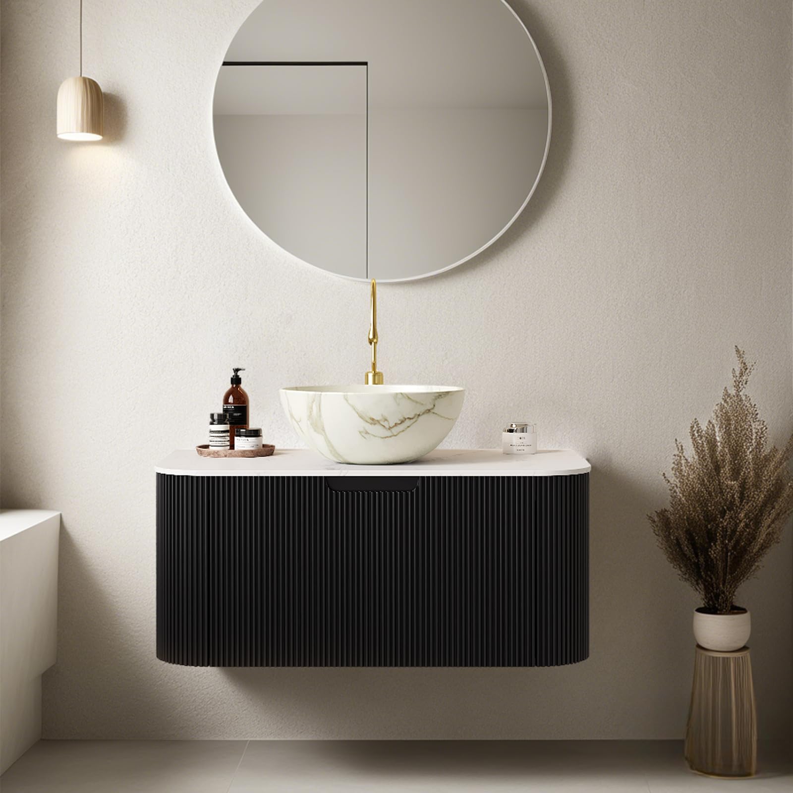 24-Inch Modern Bathroom Vanity with Sink, Floating Cabinet with Ultra-Thin Ceramic Basin and Marble Top, Extra Large Storage Drawer, Soft-Close Design, Nature Wood