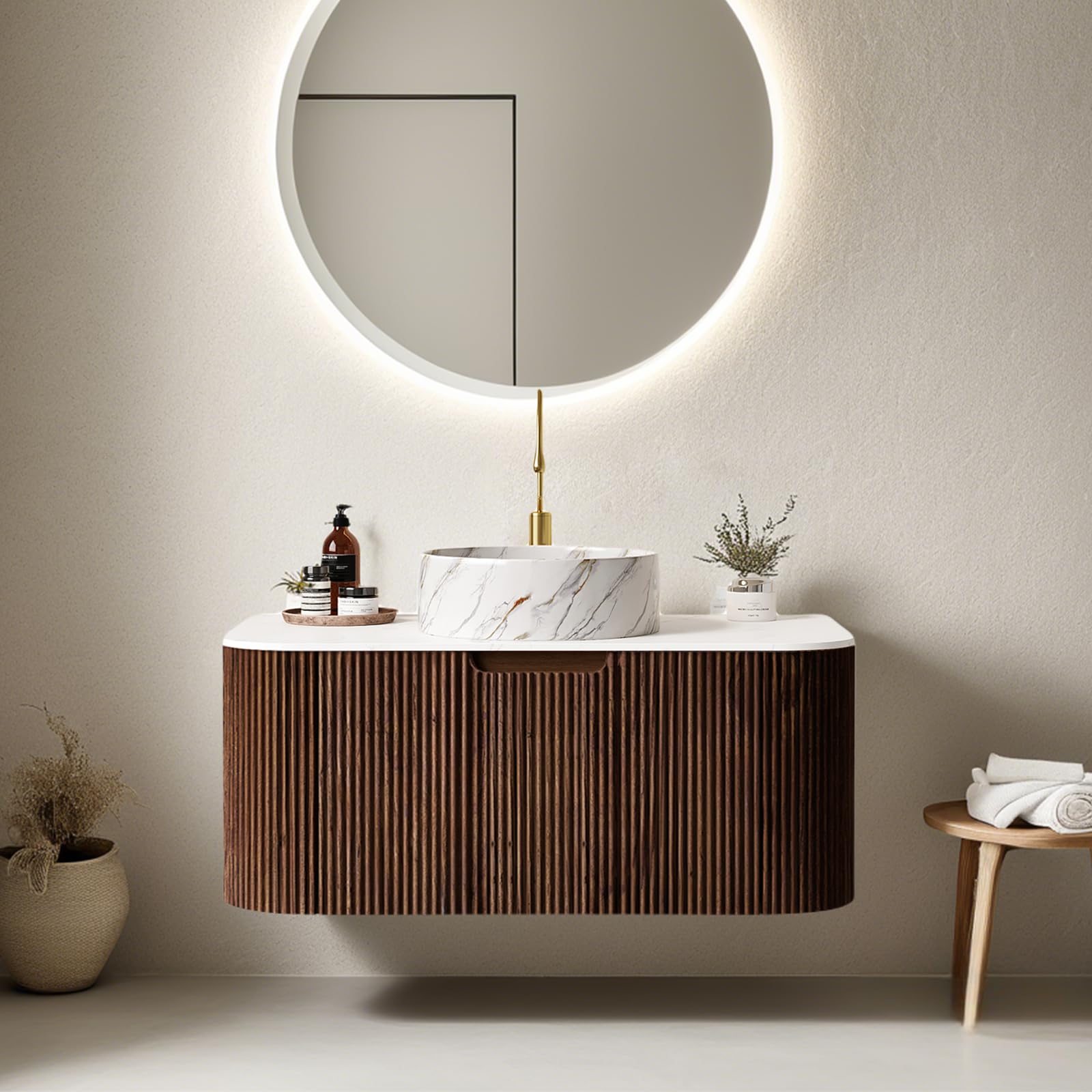 24-Inch Modern Bathroom Vanity with Sink, Floating Cabinet with Ultra-Thin Ceramic Basin and Marble Top, Extra Large Storage Drawer, Soft-Close Design, Nature Wood